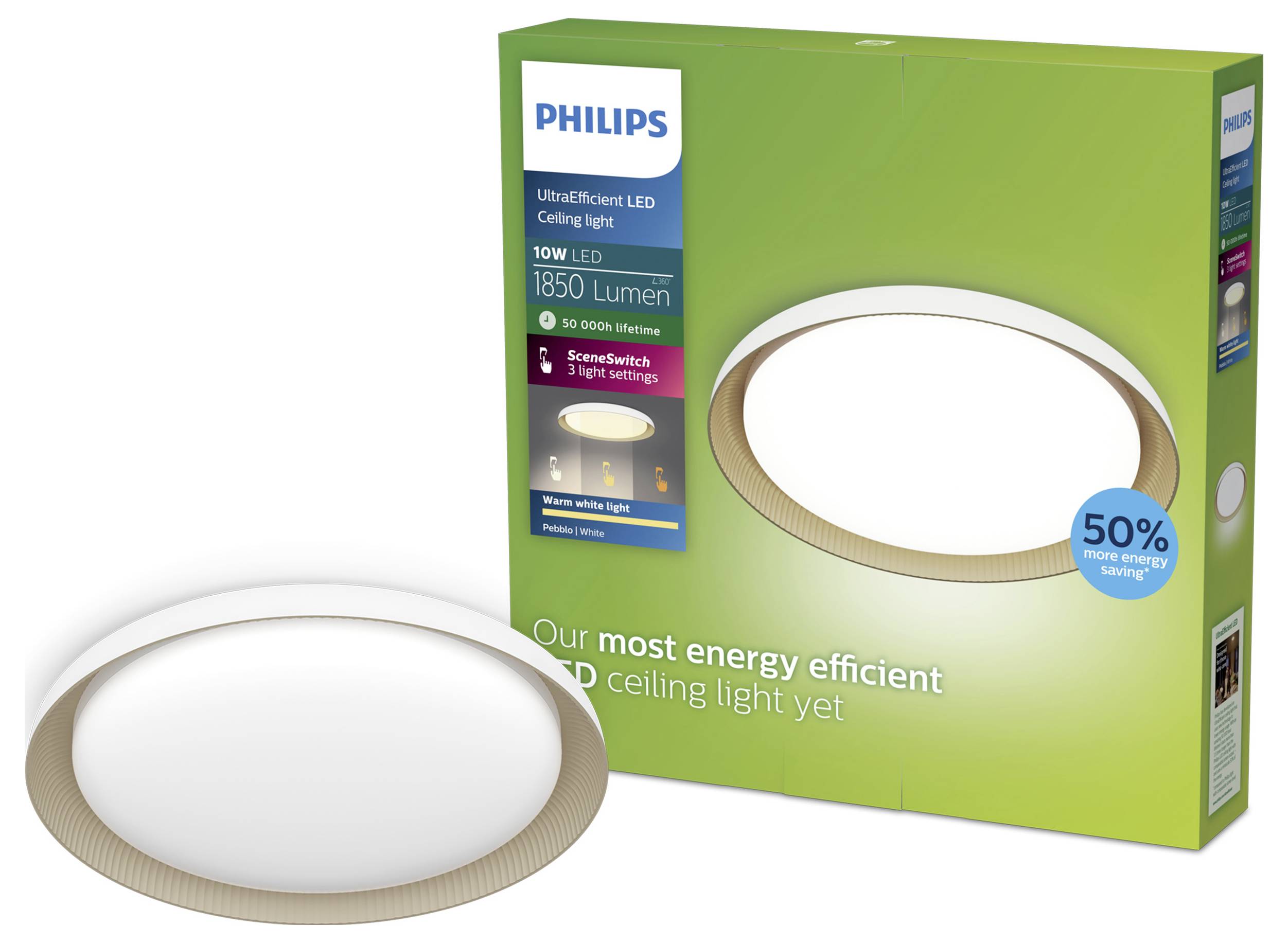 Philips UltraEfficient LED-Deckenleuchte in Kastenform und runder Aufbauleuchte; Verpackung zeigt 10W LED, 1850 Lumen und 50% Energieeinsparung.