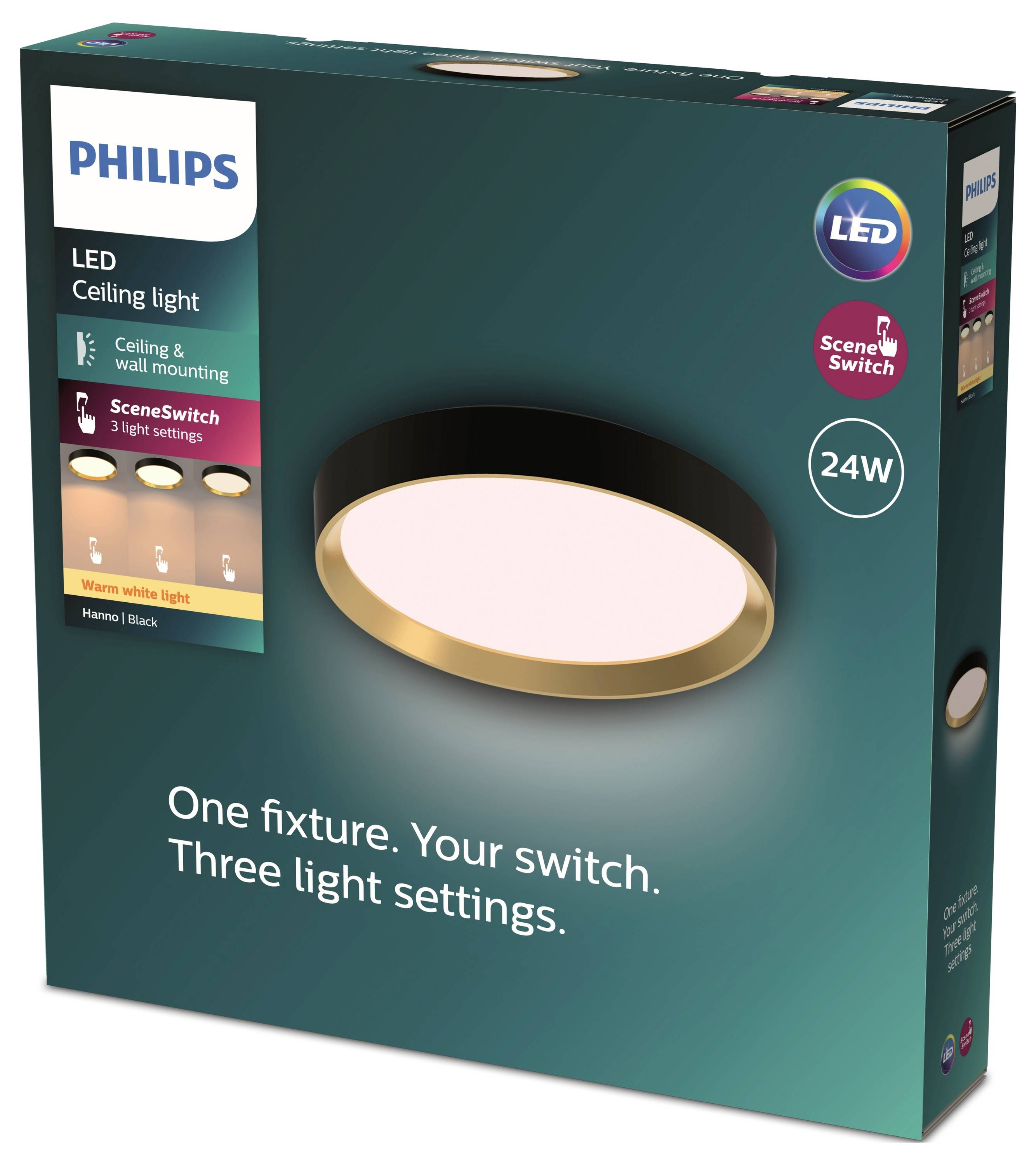 'Philips LED-Deckenleuchte, 24W, schwarz, Warmweiß, drei Lichtmodi: Arbeiten, Energie, Entspannen. Für Decken- und Wandmontage.'