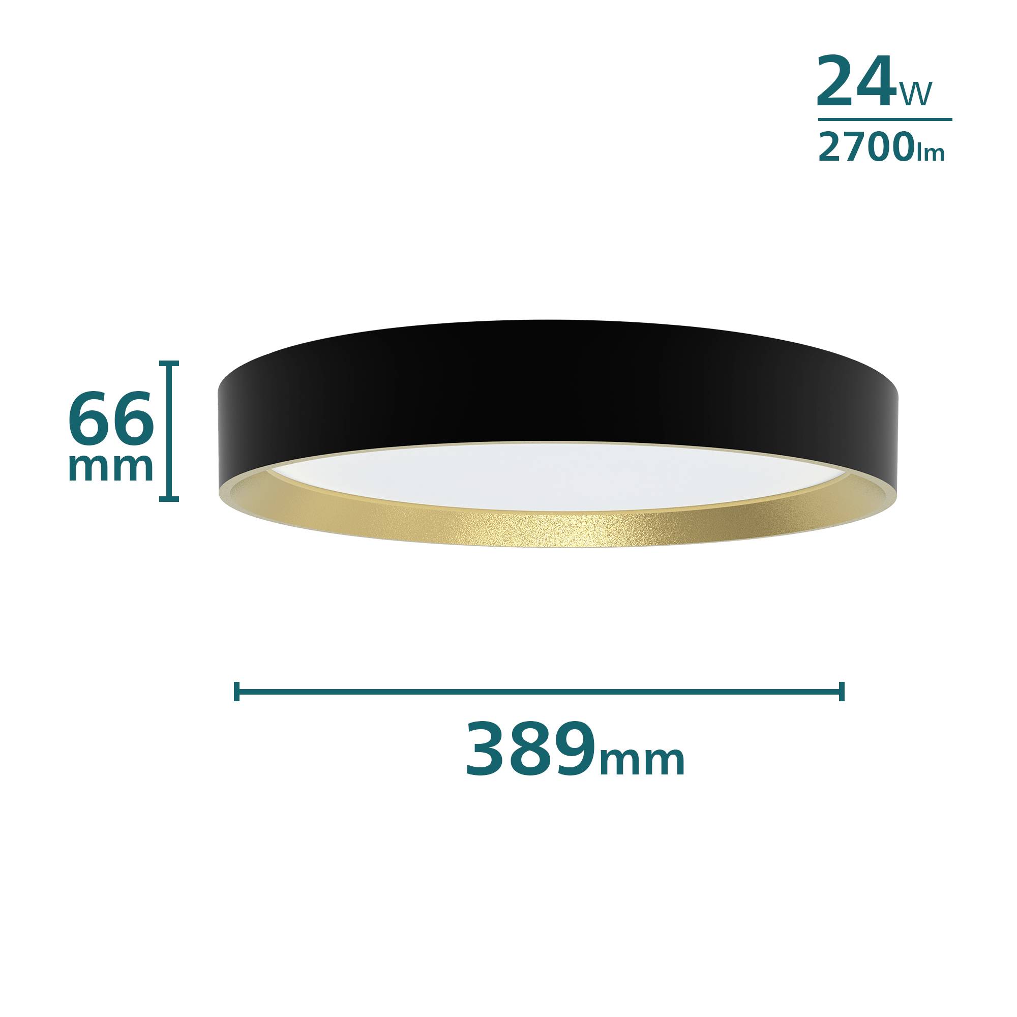 Runde schwarze Deckenleuchte mit goldener Akzentkante, 66 mm hoch, 389 mm Durchmesser, 24 W, 2700 Lumen.