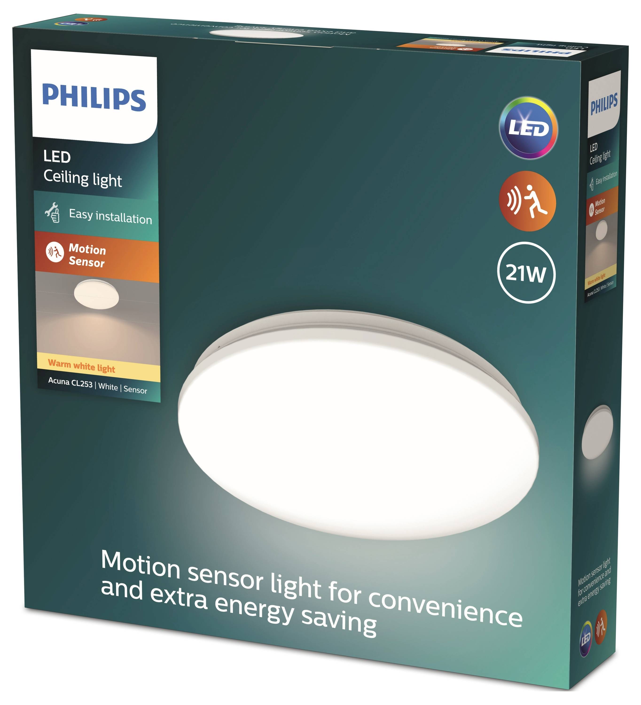 Philips LED-Deckenleuchte, weiß, 21W, mit Bewegungssensor zur Energieeinsparung, einfache Installation, warmweißes Licht.