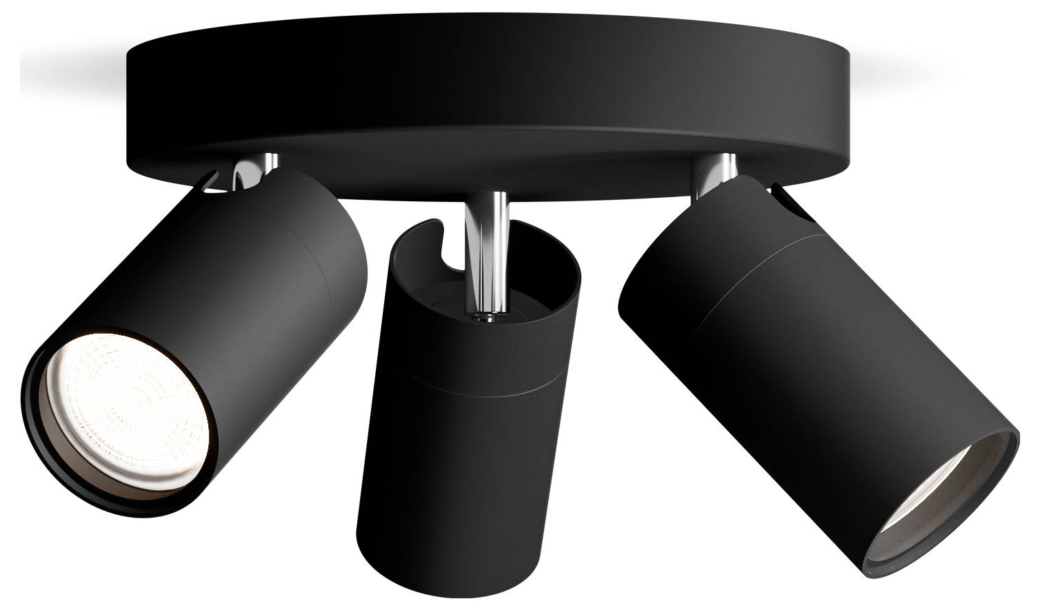Schwarzes, dreiteiliges Deckenstrahler-Set mit verstellbaren Spots zur gezielten Beleuchtung. Ideal für moderne Innenräume.