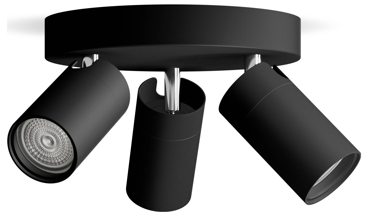 Schwarze Deckenleuchte mit drei verstellbaren Spotlights in modernem Design.
