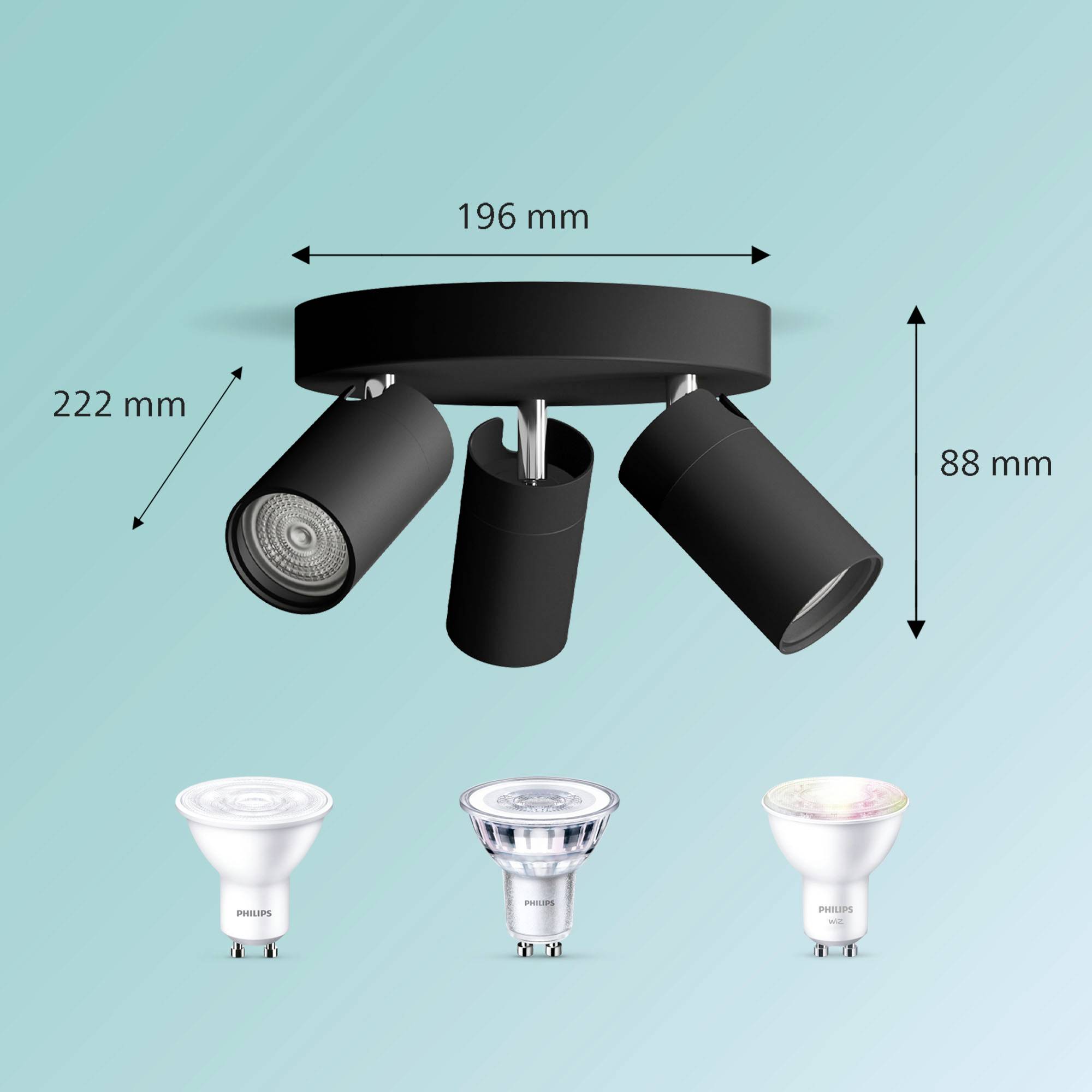 'Deckenstrahler mit drei verstellbaren schwarzen Lampen' Maße: Durchmesser 196 mm, Höhe 88 mm. Darunter drei verschiedene LED-Glühbirnen gezeigt.