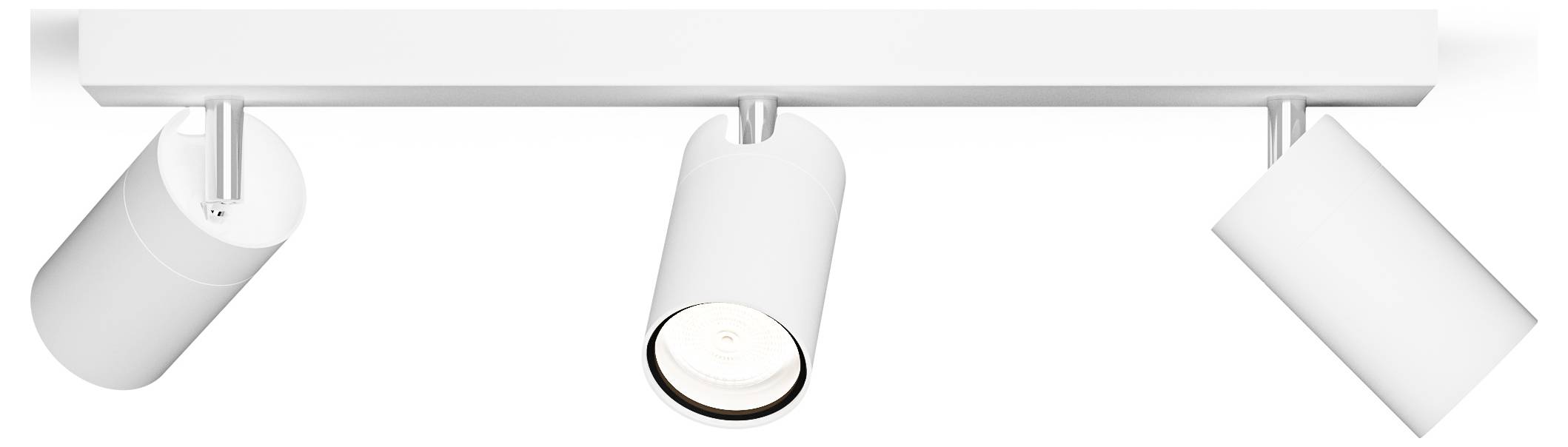 Weiße Schienenleuchte mit drei verstellbaren zylindrischen Spots für gerichtetes Licht in einem modernen Raum.
