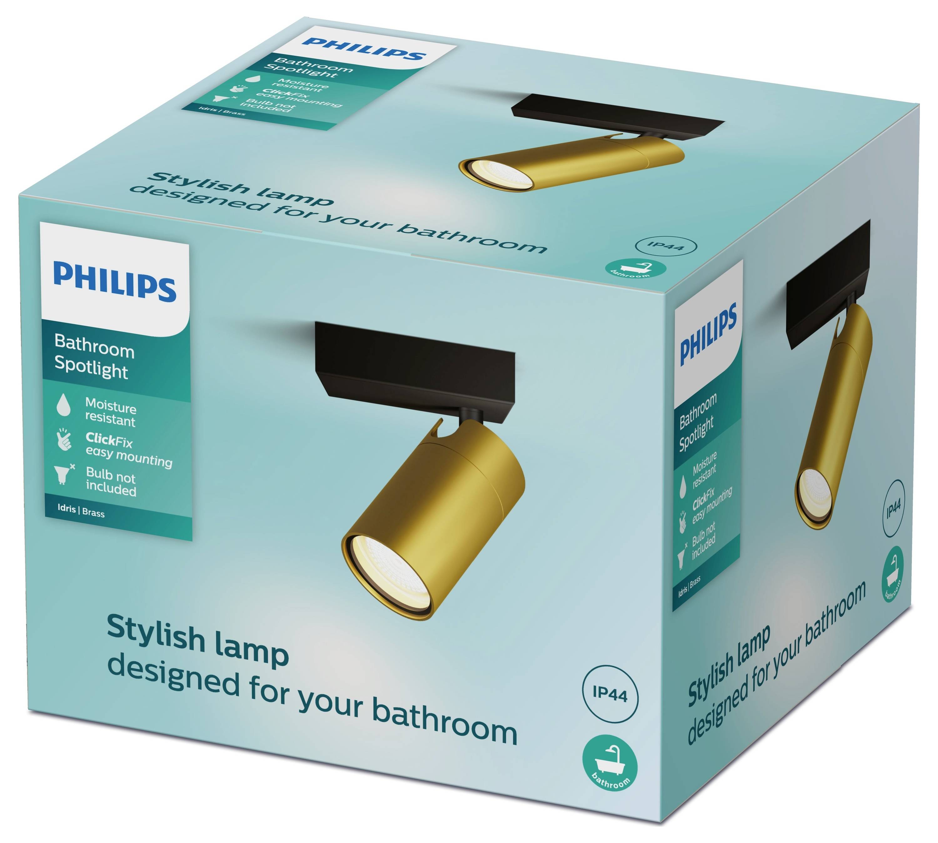 'PHILIPS Bathroom Spotlight' Verpackung zeigt eine stilvolle Badezimmerlampe in Gold und Schwarz. Geeignet für feuchte Bereiche, einfache Montage.