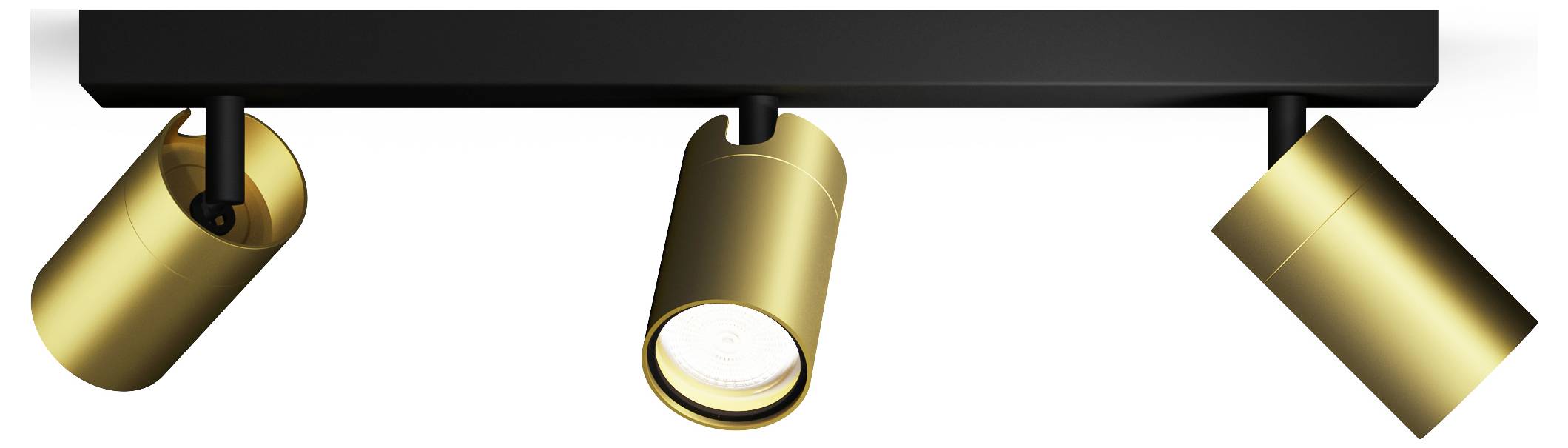 Drei goldene Spotlichter an einer schwarzen Halterung, zwei nach unten und eines seitlich gerichtet. Ideal für moderne Innenraumbeleuchtung.