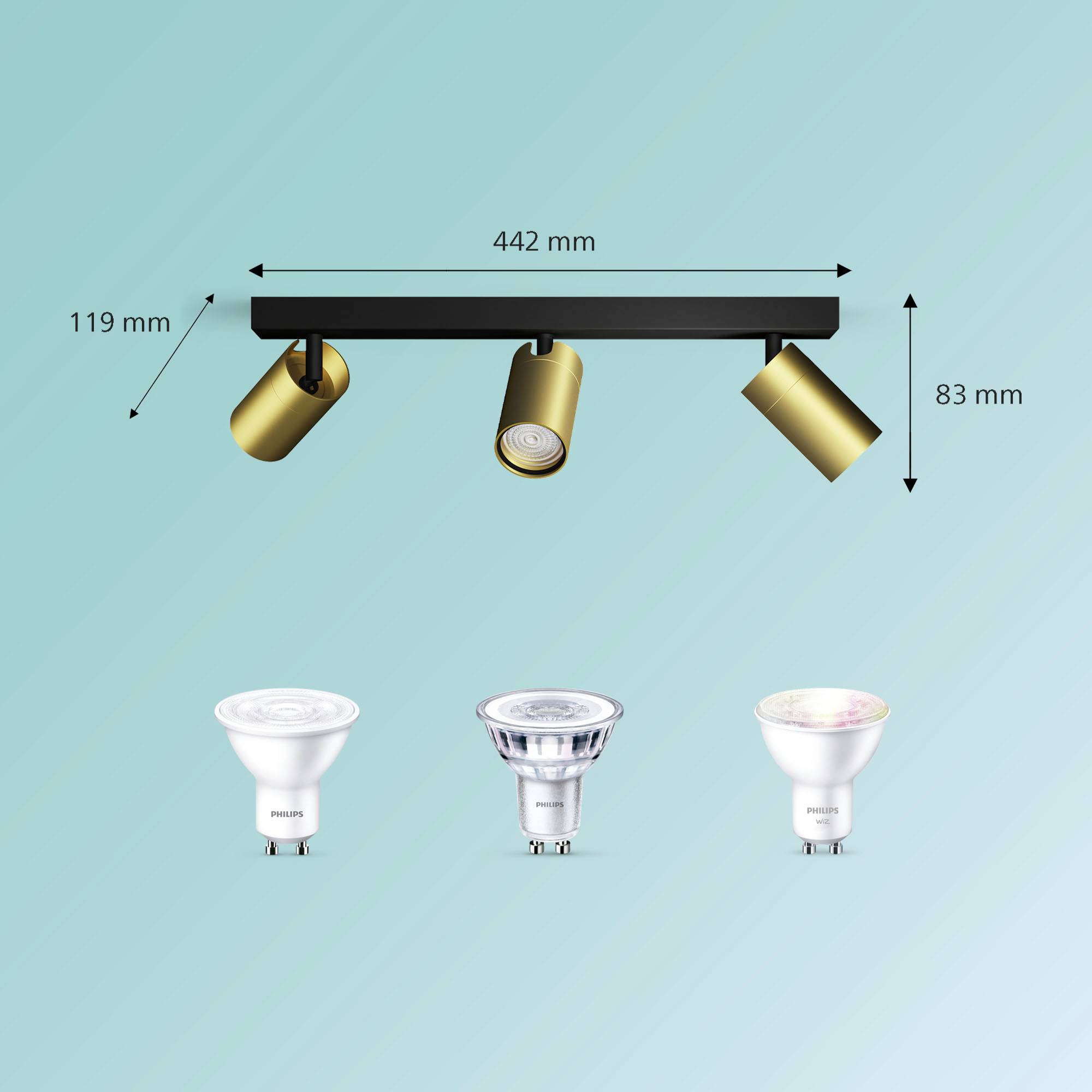 Ein länglicher Leuchtkörper mit drei verstellbaren Strahlern, die in verschiedenen Winkeln montiert sind. Maße: 442 mm x 119 mm. Darunter sind drei verschiedene LED-Leuchtmittel abgebildet.