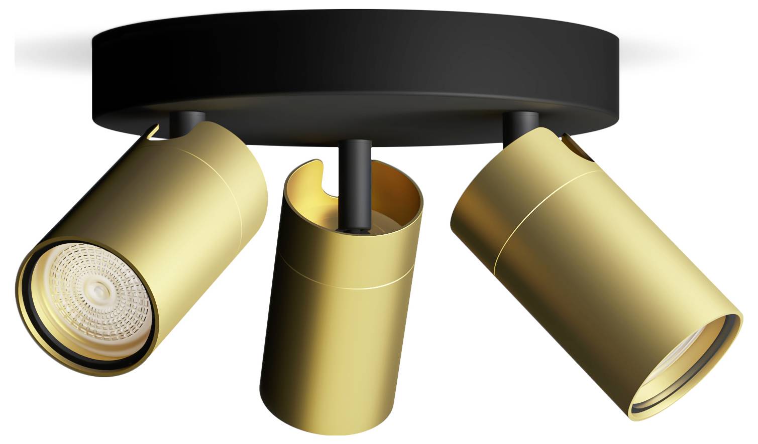 Goldene Deckenleuchte mit drei verstellbaren Spots auf schwarzem Sockel; modernes Design für gezielte Beleuchtung.