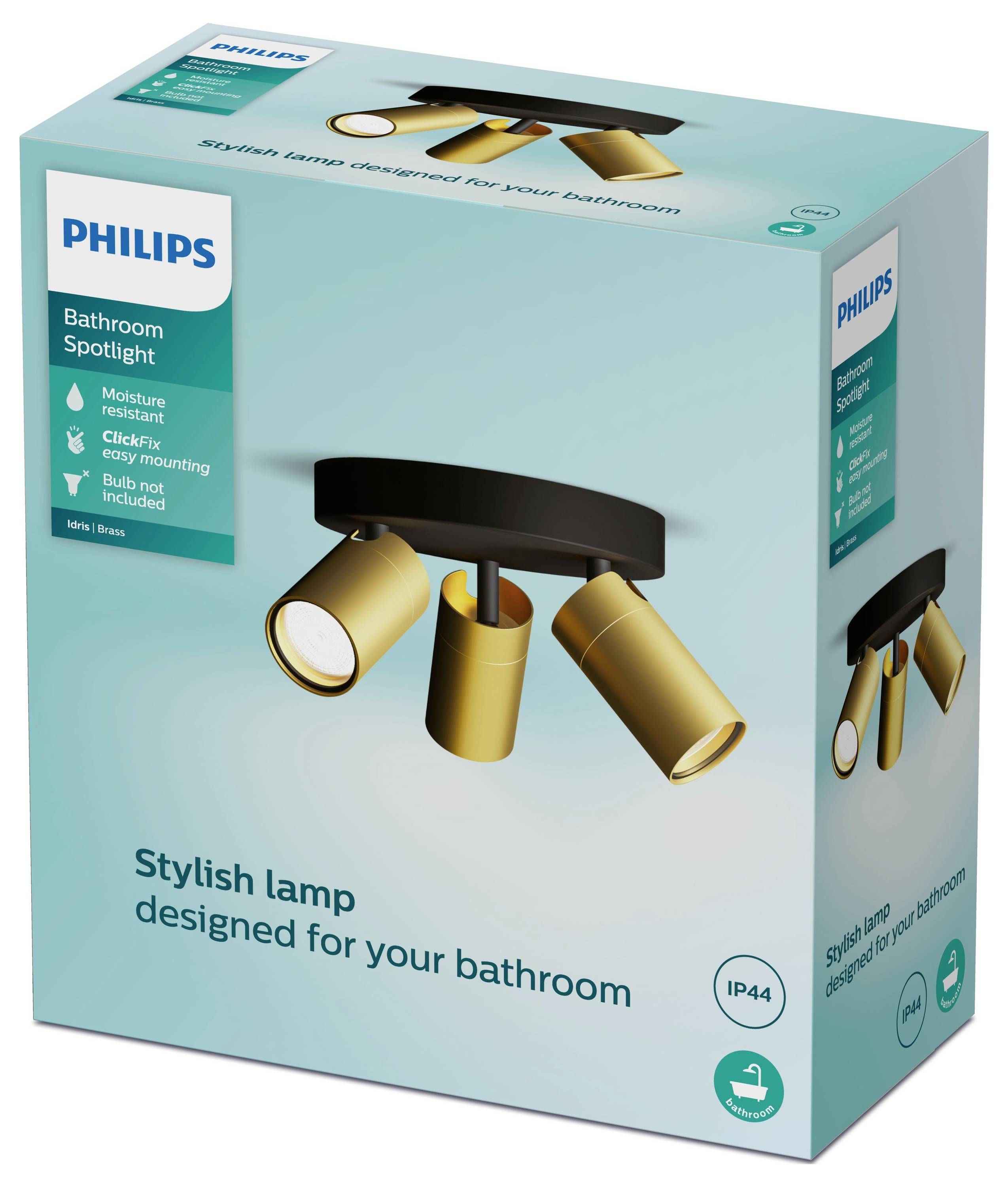 Verpackung einer Badezimmer-Spotlampe von Philips mit drei goldenen Leuchten, wasserresistent, mit IP44-Schutz, ohne Glühbirne.