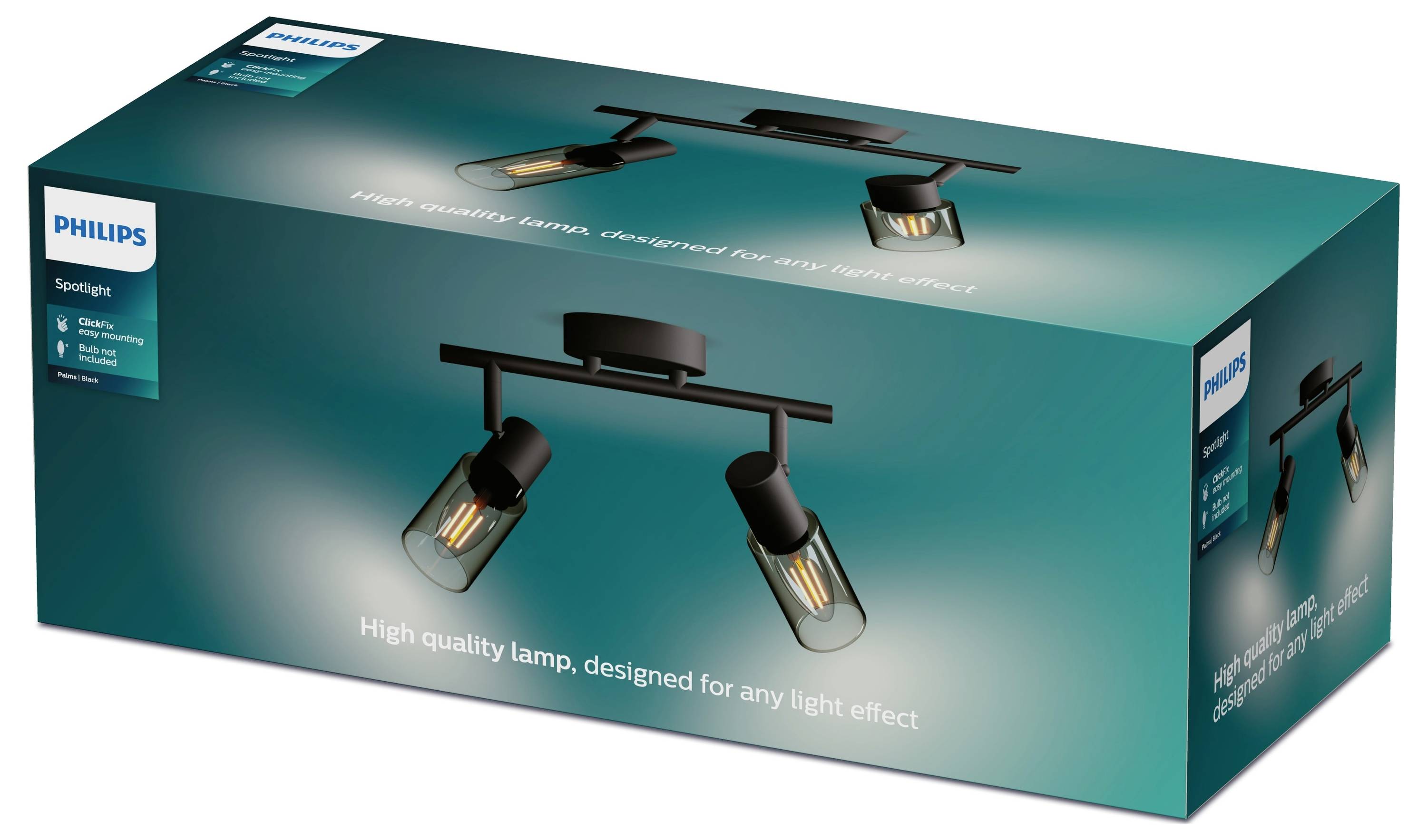 Schachtel mit einer Philips-Deckenleuchte, schwarz, zwei verstellbare Spots, geeignet für verschiedene Lichteffekte.