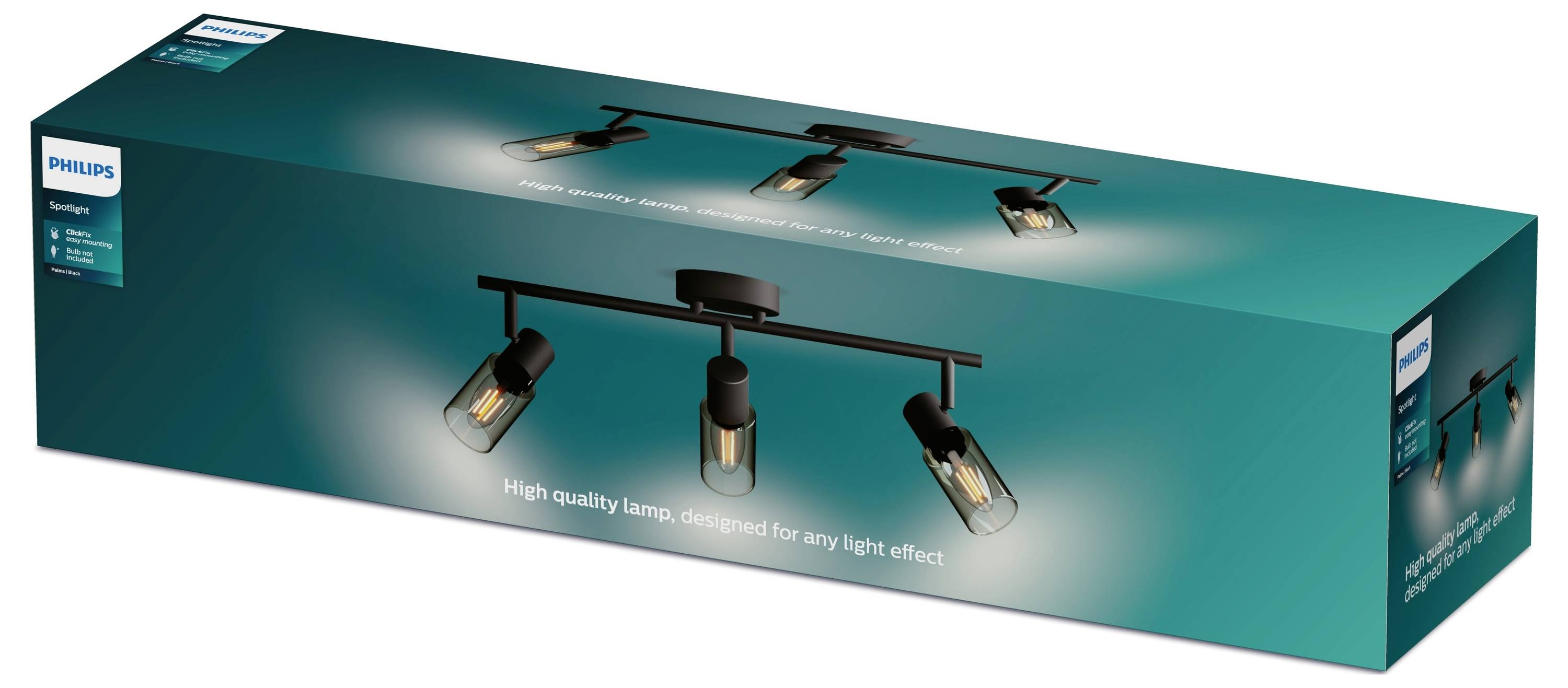 Verpackung einer Philips Lampe mit vier retro Glühbirnen, schwarzem Gehäuse, geeignet für verschiedene Lichteffekte, in grüner Box.