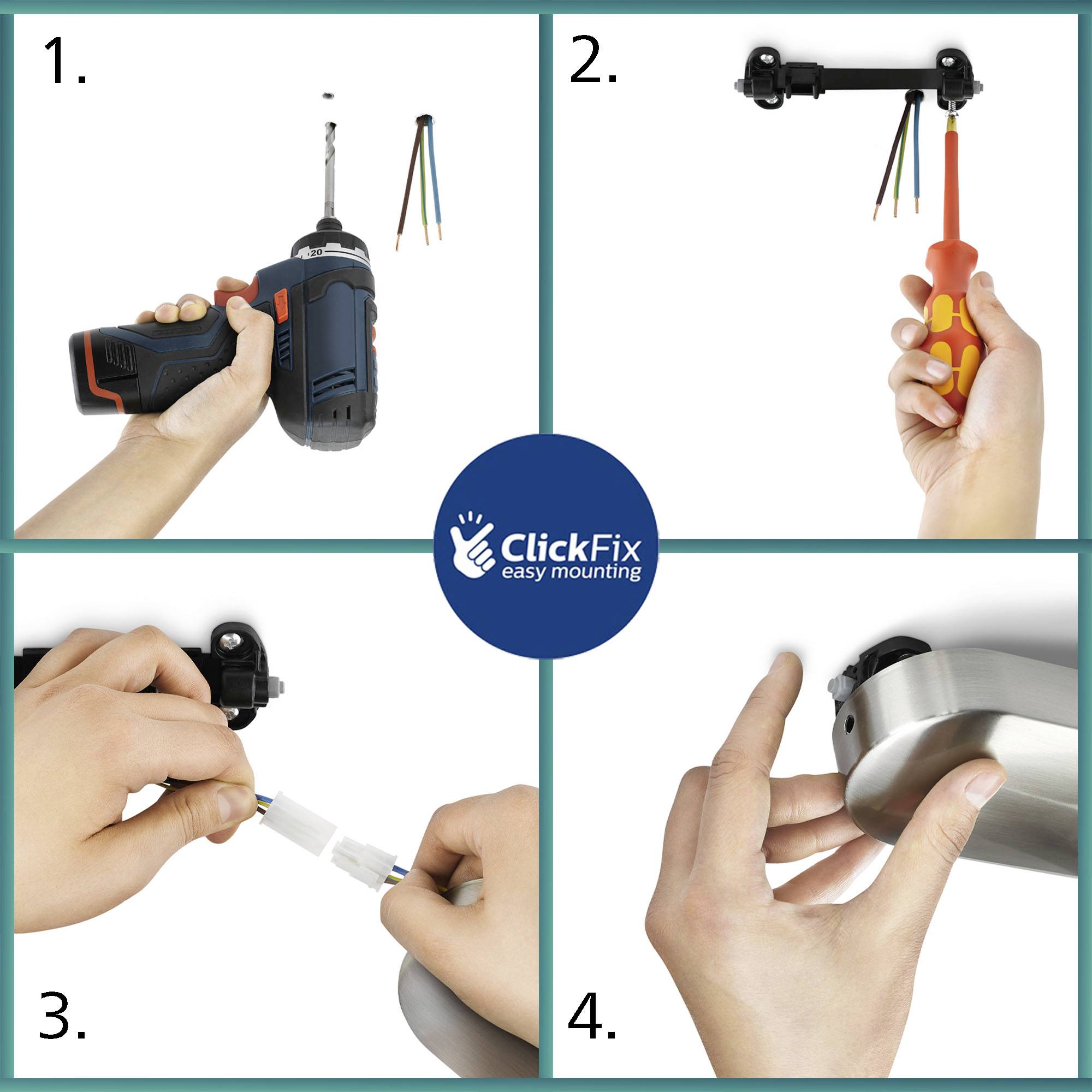 Vier-Schritt-Anleitung zur Montage eines Deckenlichts: Bohren (1), Kabel verbinden (2), Schrauben festziehen (3), Leuchte anbringen (4).