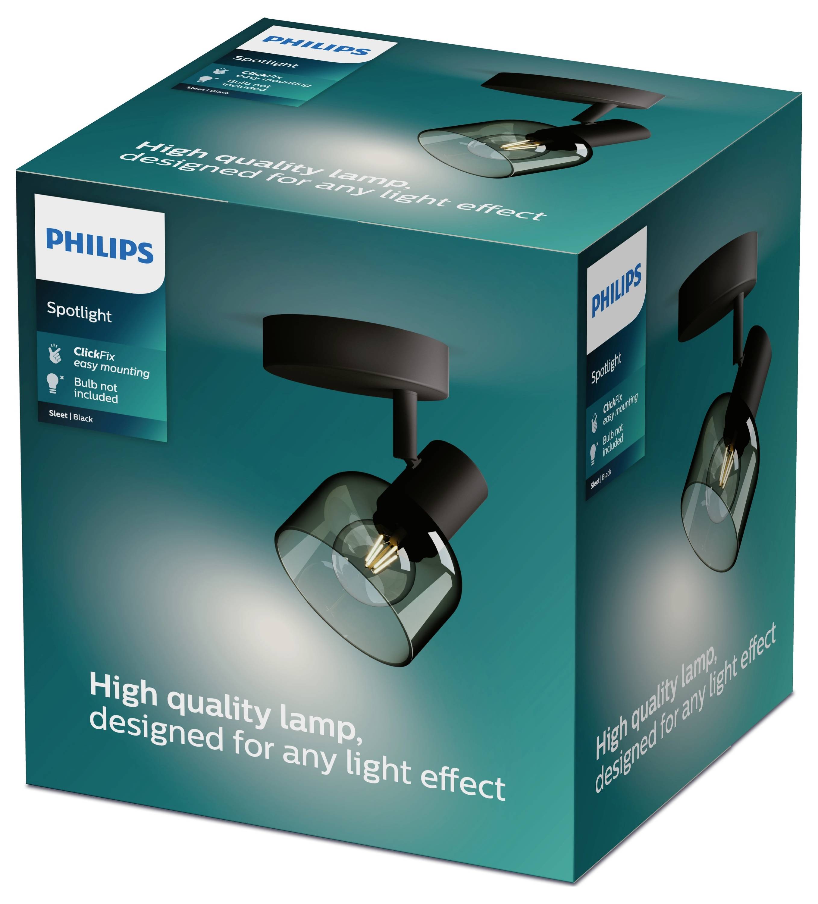 Schachtel einer Philips-Spotlampe mit der Aufschrift 'High quality lamp, designed for any light effect'. Enthält eine Deckenleuchte.