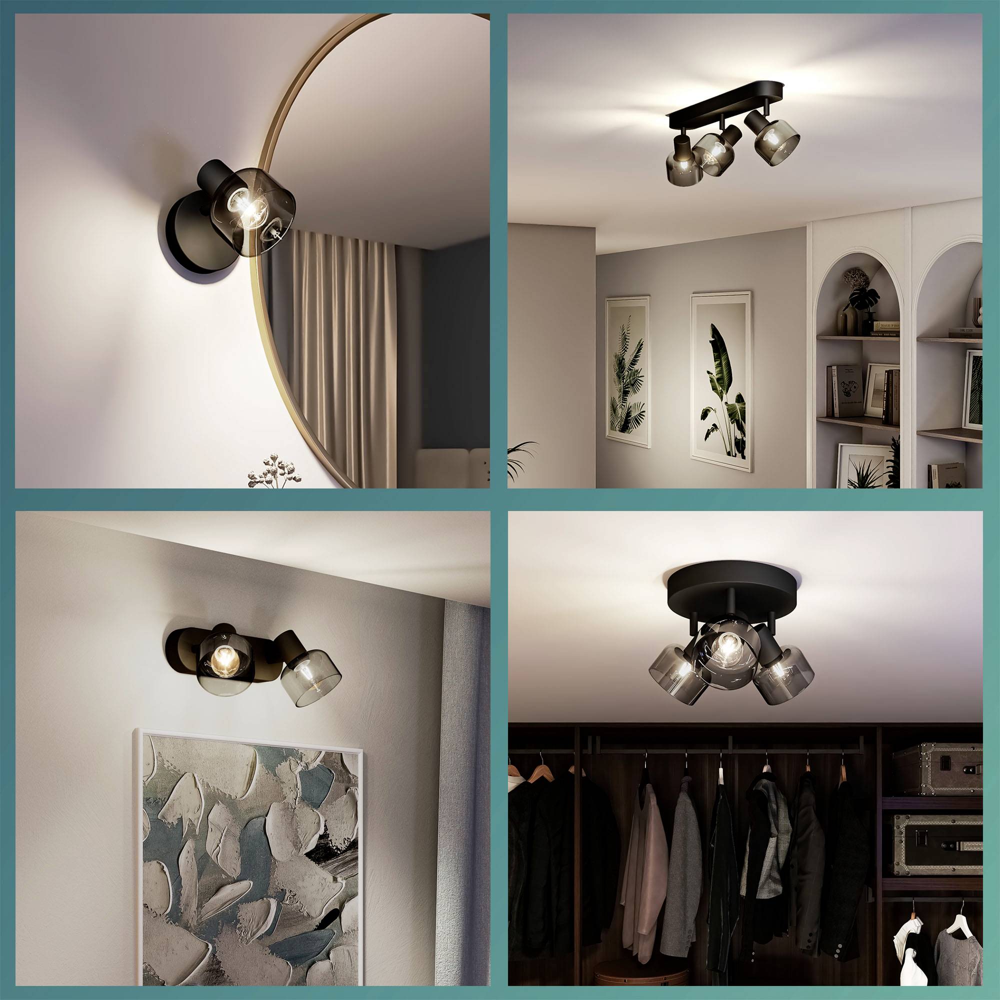 Vier Bilder einer modernen Innenraumbeleuchtung: Schwenkbare Deckenleuchten mit mattem Design, stilvoll in versch. Räumen inszeniert.
