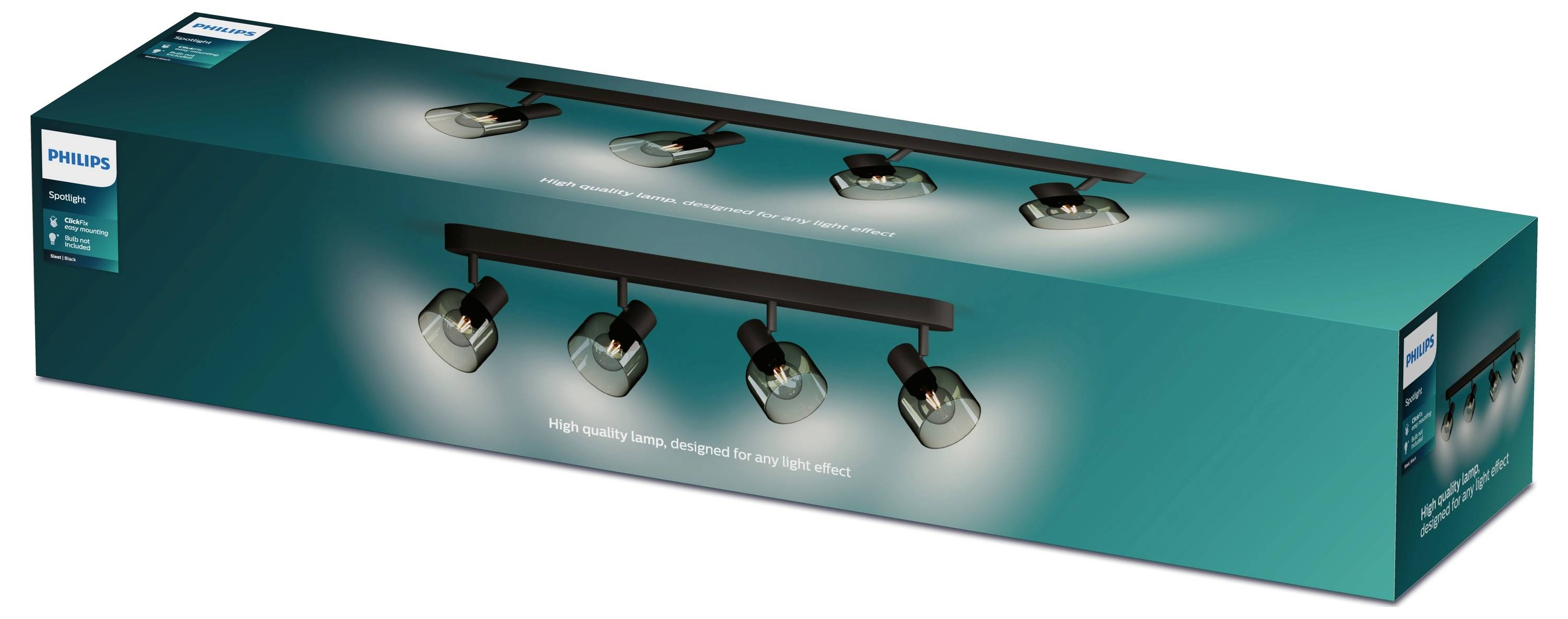 Eine Verpackung mit einer Philips-Deckenleuchte, die vier verstellbare Strahler in schwarzem Design zeigt.