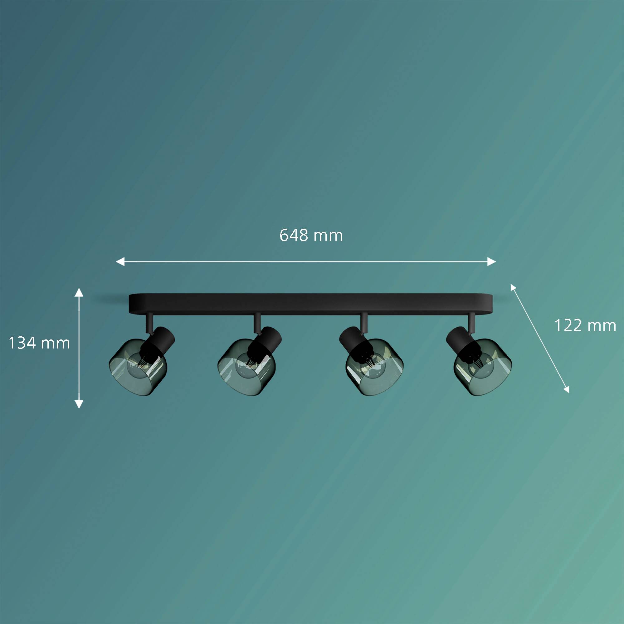 Vier schwarze Deckenstrahler auf einer rechteckigen Schiene. Maße: Schiene 648 mm, Höhe 134 mm, Abstand zwischen Strahlern 122 mm.