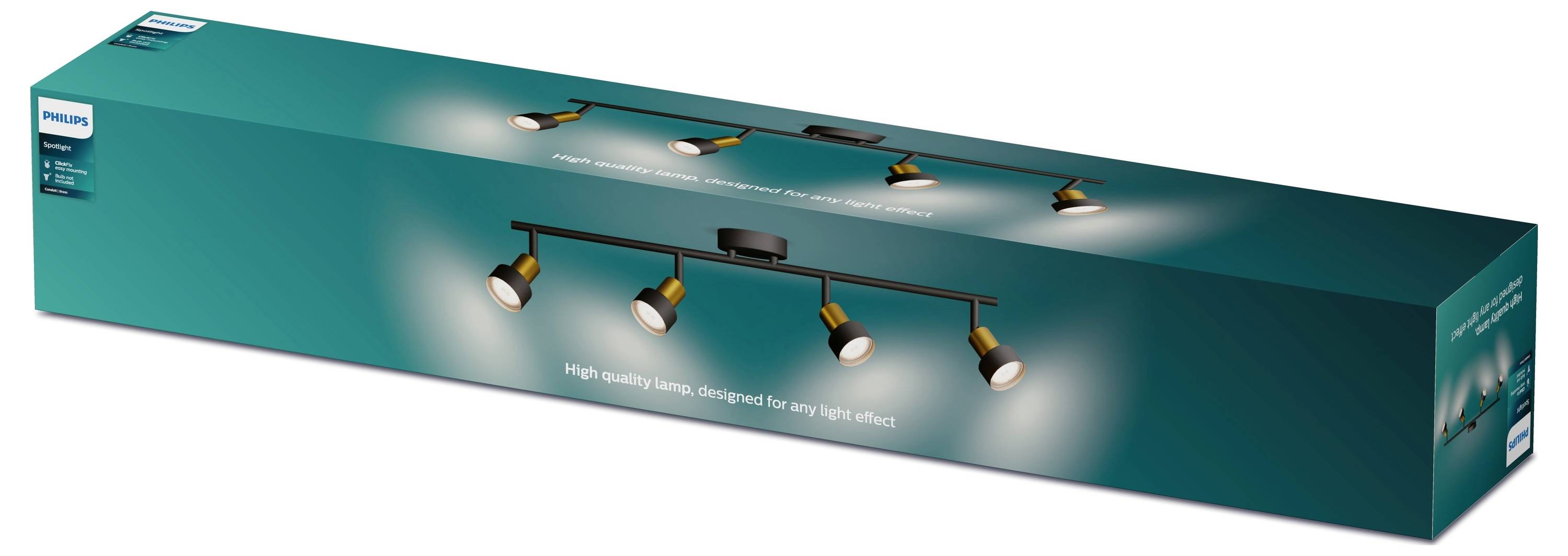 Schachtel einer LED-Deckenschienenleuchte mit vier einstellbaren Scheinwerfern. Verpackung enthält Markenname und Designabbildung.