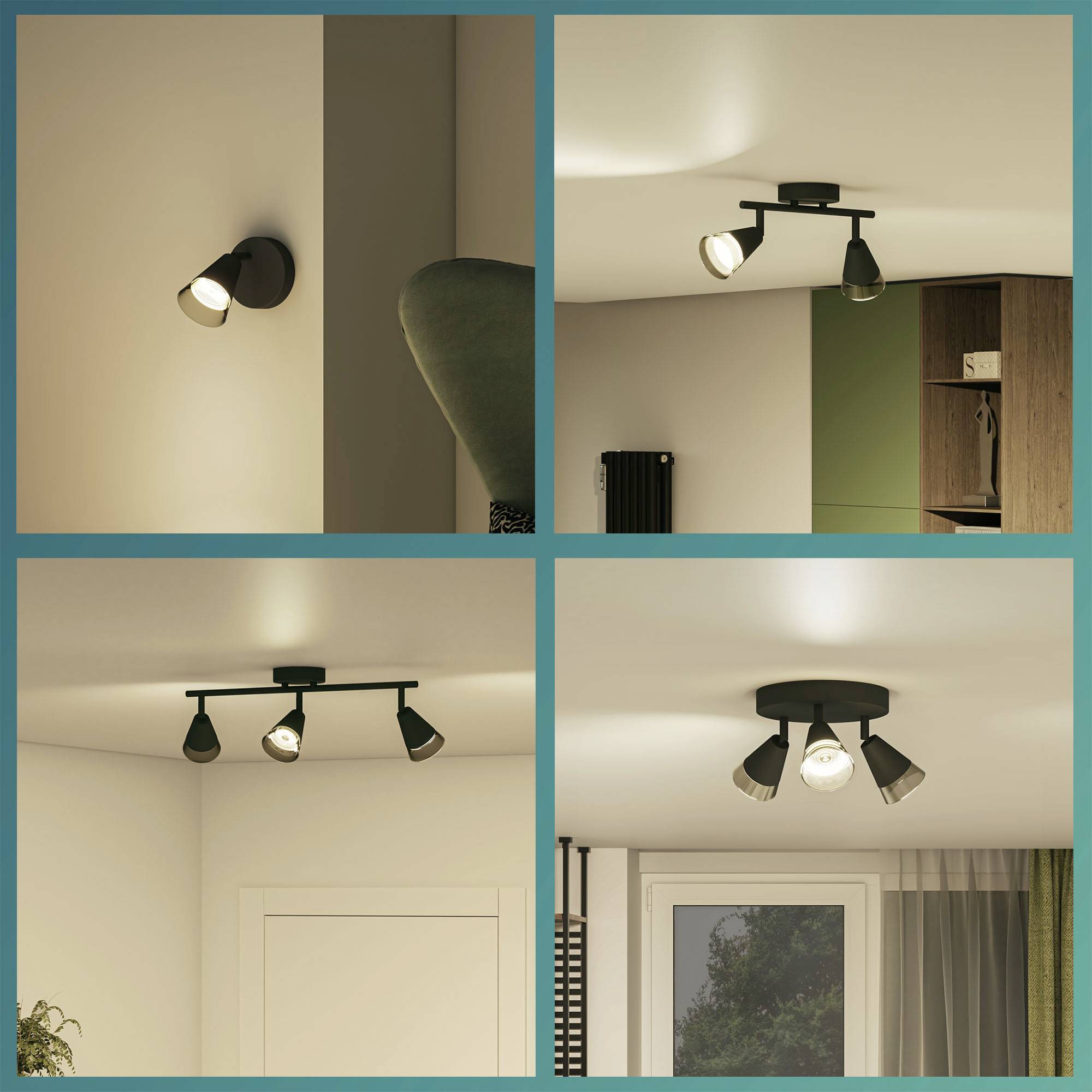 Vier Bilder von modernen Innenraum-Deckenleuchten, jeweils mit einem schlichten, minimalistischen Design in verschiedenen Räumen installiert.
