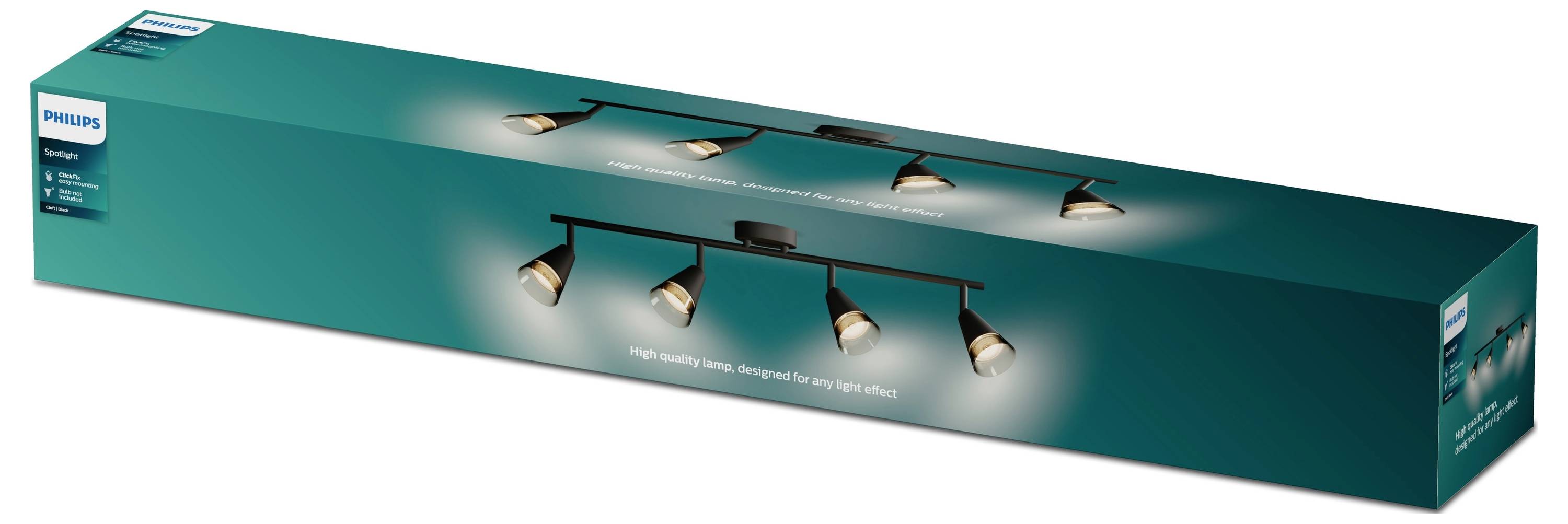 Verpackung einer Philips Deckenleuchte mit mehreren verstellbaren Spots, dunkelgrüne Box mit Produktbild und Markennamen.
