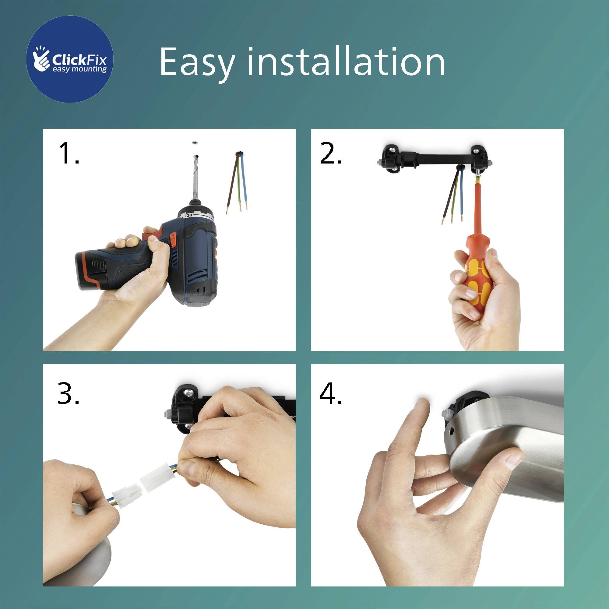 'ClickFix' Werbung zeigt in vier Schritten, wie einfach die Installation ist: Bohren, Schraubenbefestigung, Kabel verbinden, Gerät aufhängen.