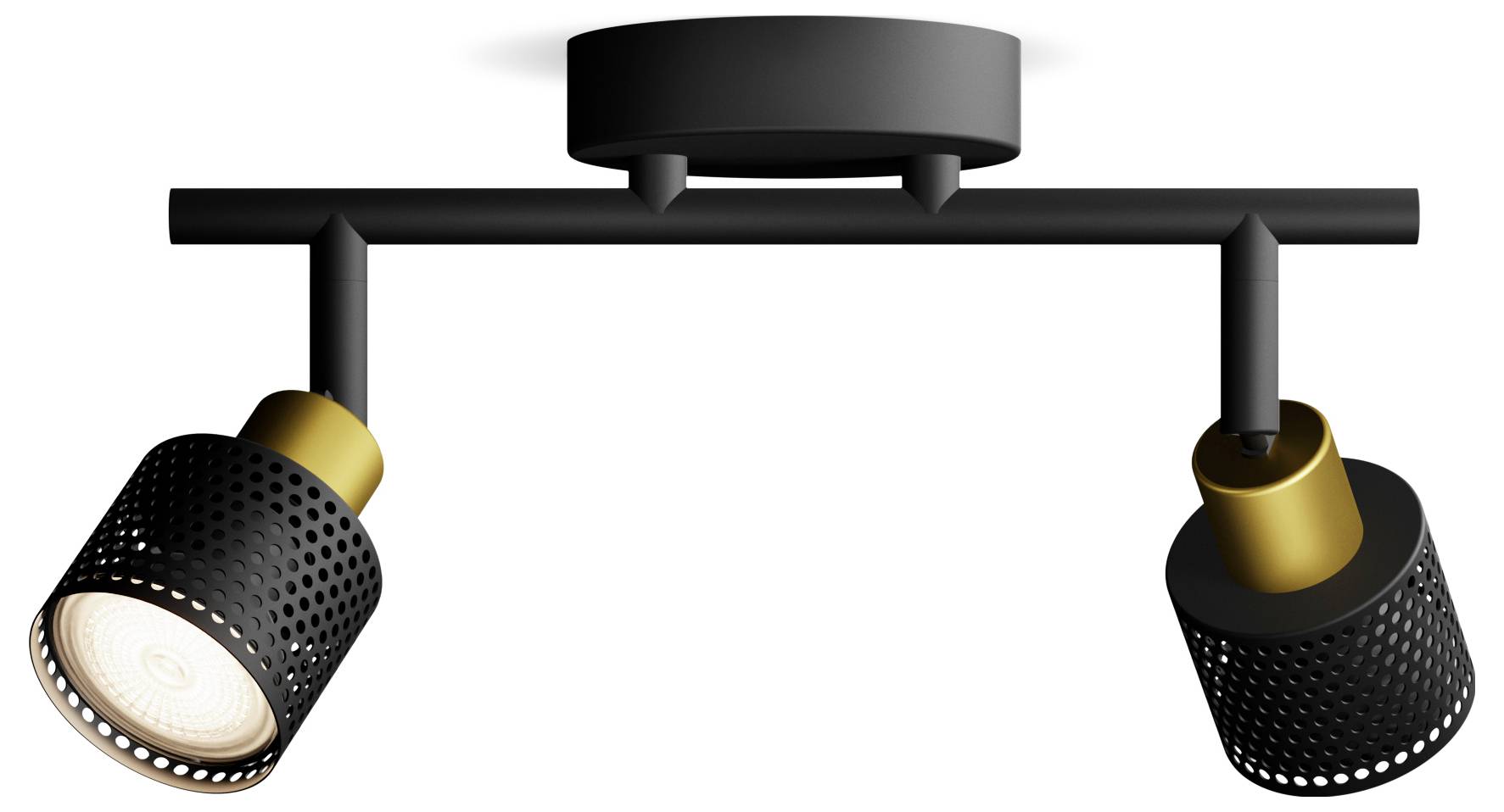Schwarze Deckenleuchte mit zwei einstellbaren, goldverzierten Spotlights.