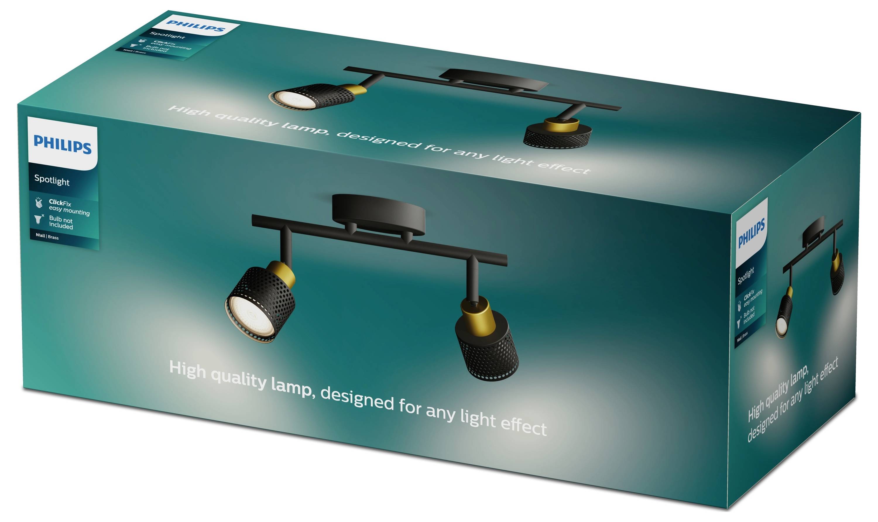 Verpackung einer Philips Deckenlampe mit zwei schwarzen Spotlights und goldenen Akzenten, designed für verschiedene Lichteffekte.