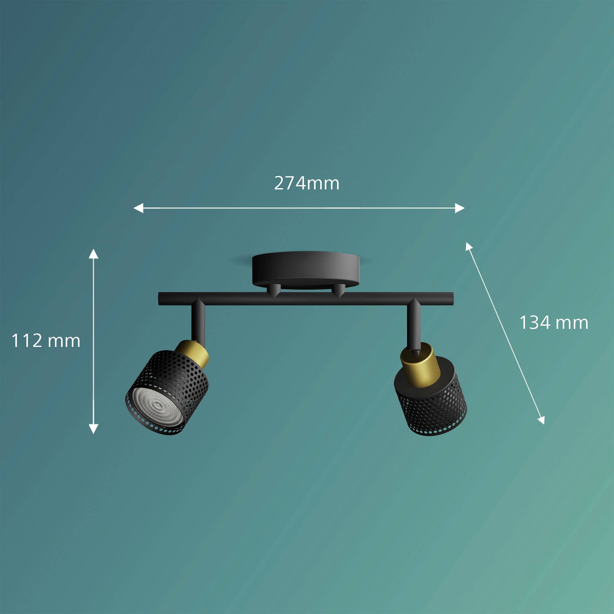 Zweilampige, schwarze Deckenleuchte vor blauem Hintergrund. Maße: Länge 274 mm, Höhe 112 mm, Neigung 134 mm.