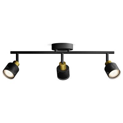Schwarze Deckenleuchte mit drei LED-Spots in goldenen Fassungen, modernes Design, geeignet zur Akzentbeleuchtung in Wohnräumen.