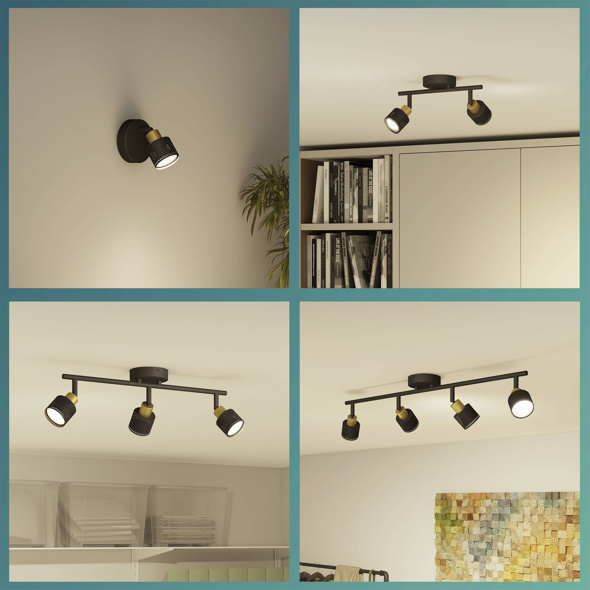 Vier verschiedene Designs von Deckenstrahlern, montiert an Wänden und Decken in Wohnräumen, zeigen unterschiedliche Lichtausrichtungen.