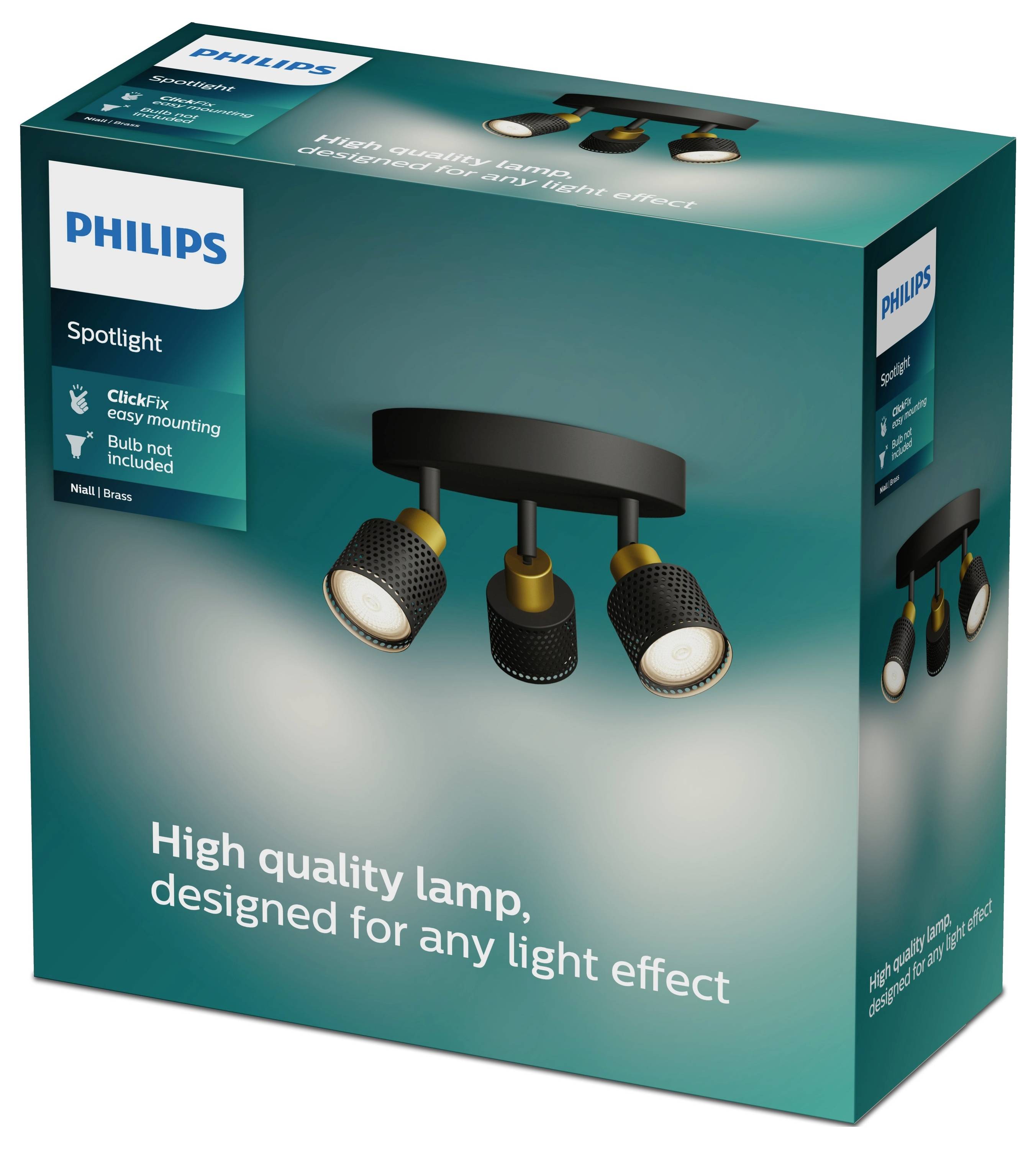 Verpackung einer Philips-Spotlampe mit drei schwarzen Strahlern. Text: 'Hochwertige Lampe, für jeden Lichteffekt gestaltet'.