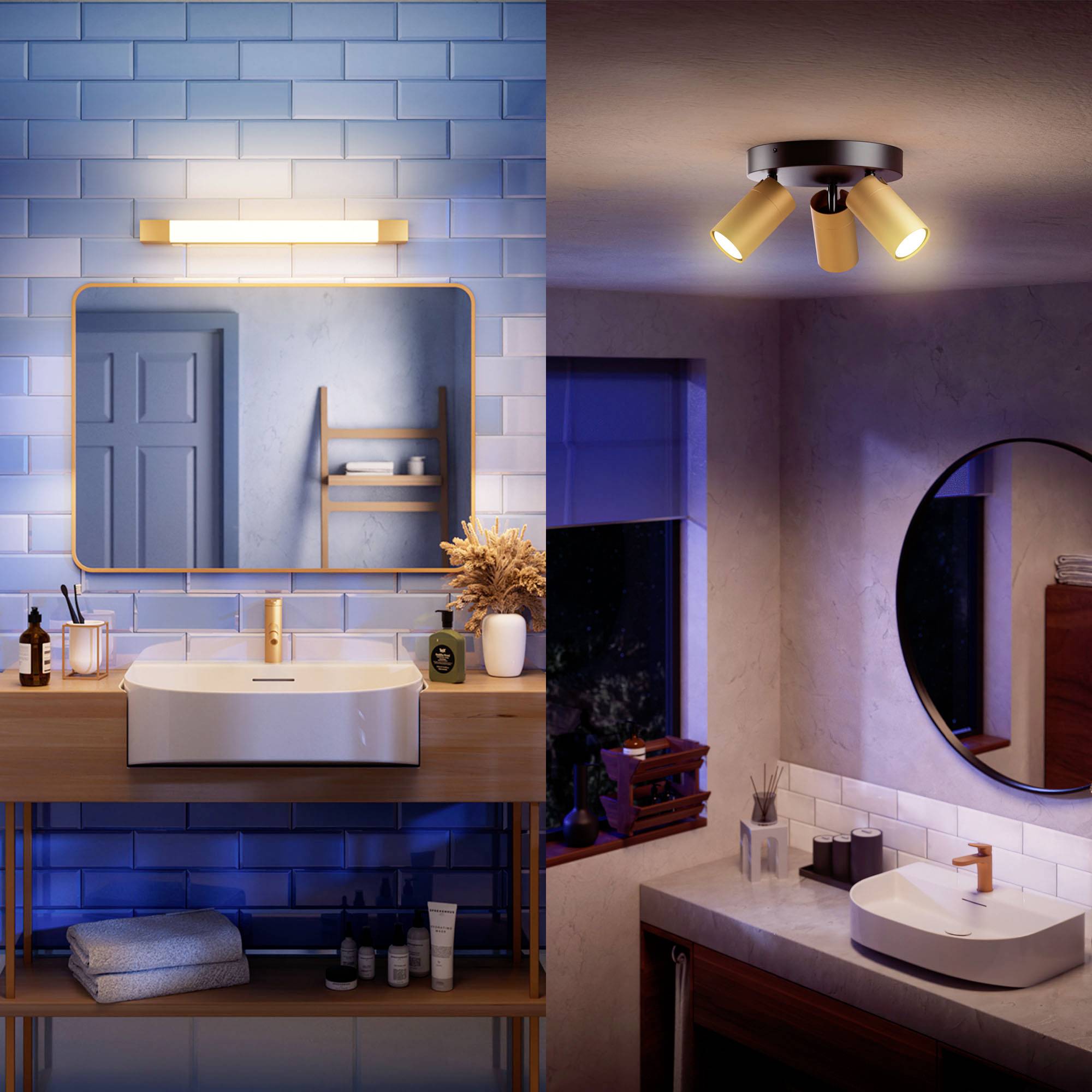 Badezimmer mit Spiegel, Waschbecken und Leuchten. Links: Rechteckiger Spiegel über Holzwaschtisch; rechts: Runder Spiegel und Deckenleuchte.