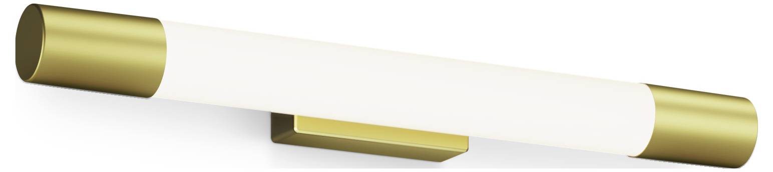 Eine moderne, zylindrische Wandlampe mit goldenem Ende. Sie hat einen länglichen, weißen Schirm zur gleichmäßigen Lichtverteilung.