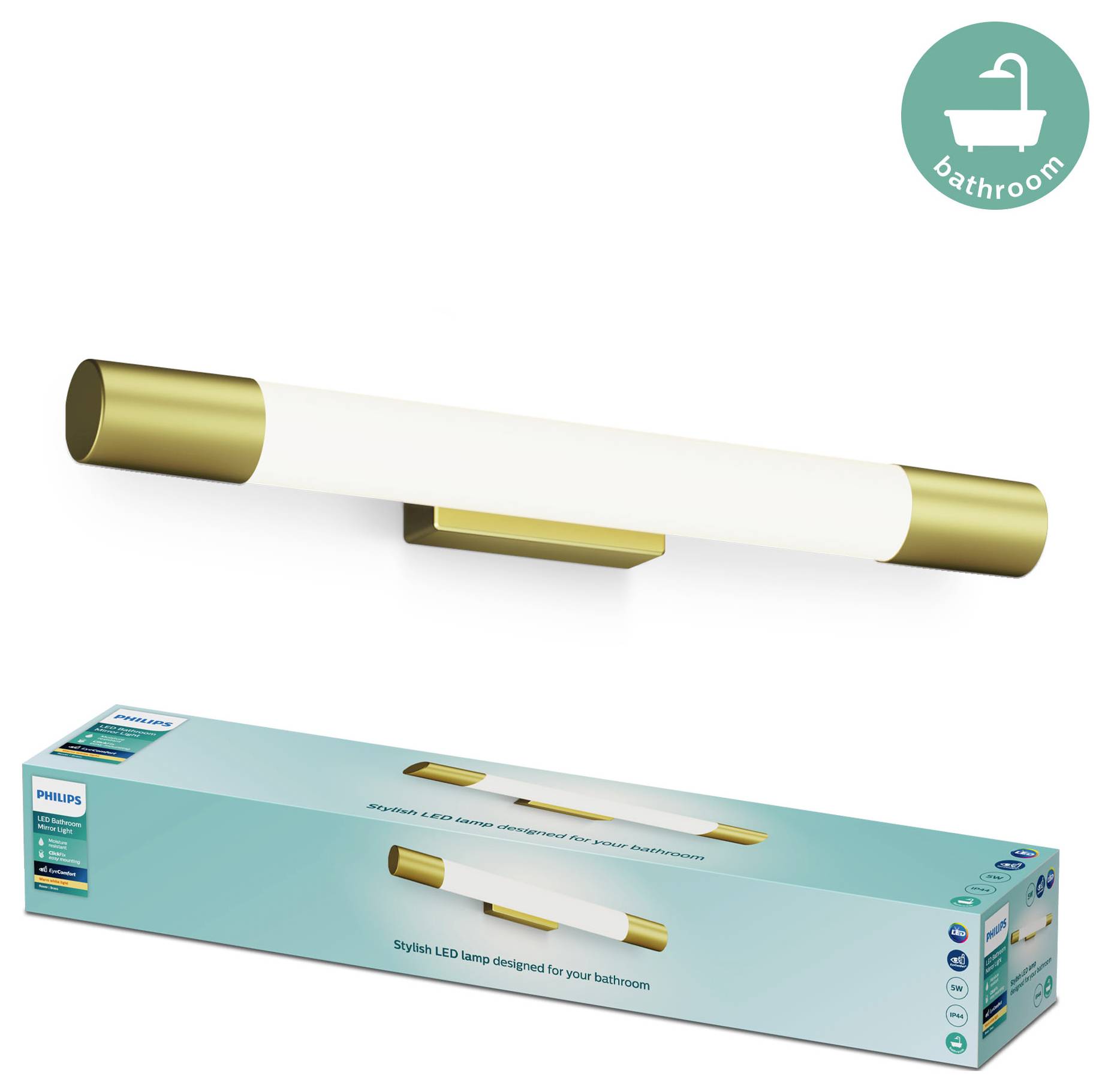 LED-Lampe mit goldenen Akzenten und rechteckigem Sockel, präsentiert in einer türkisfarbenen Verpackung, geeignet für Badezimmer.