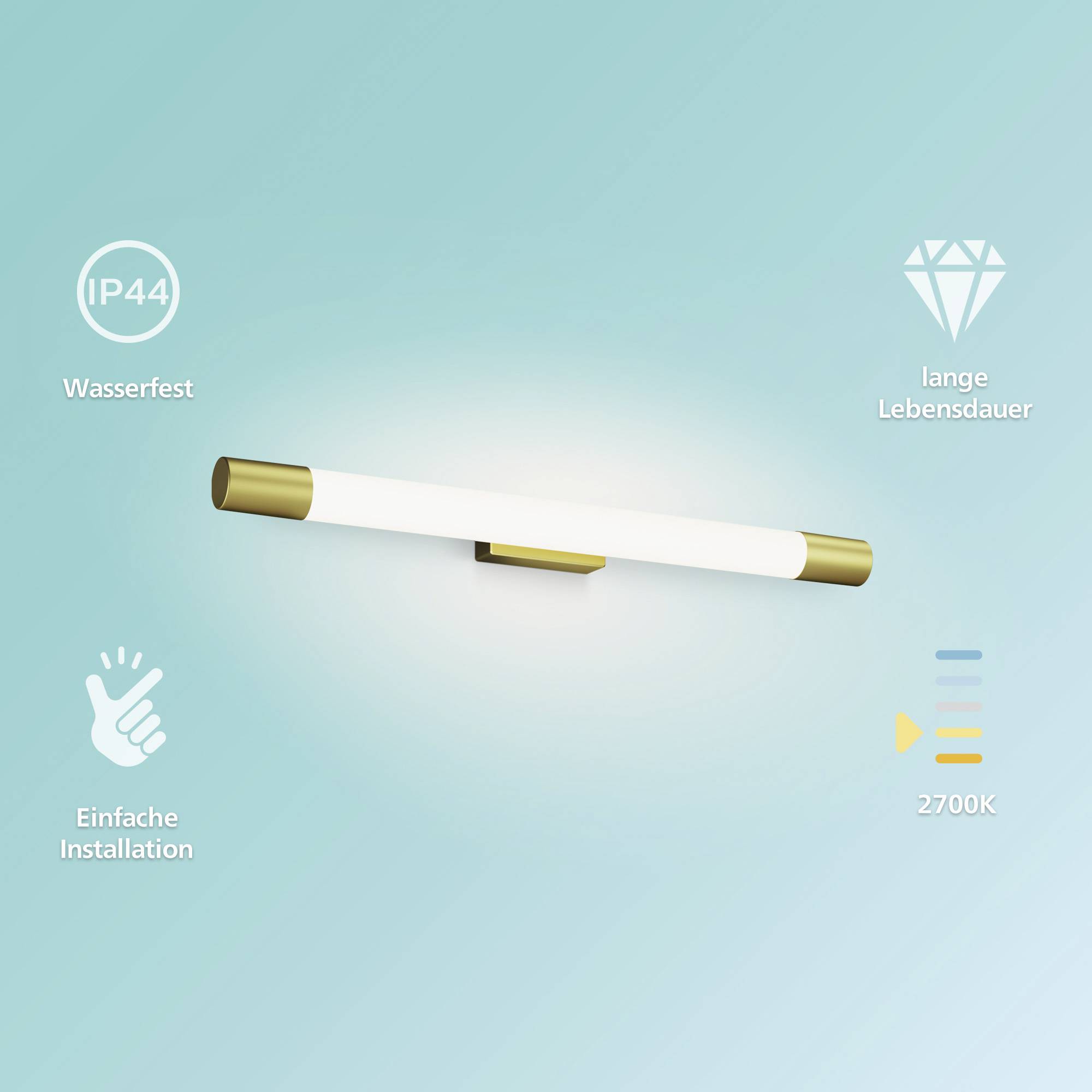 Dekorative Wandlampe mit goldenen Enden, unter einem stilisierten Icon für Wasserfestigkeit, einfache Installation und lange Lebensdauer. Leuchtet in 2700K warmweißem Licht.
