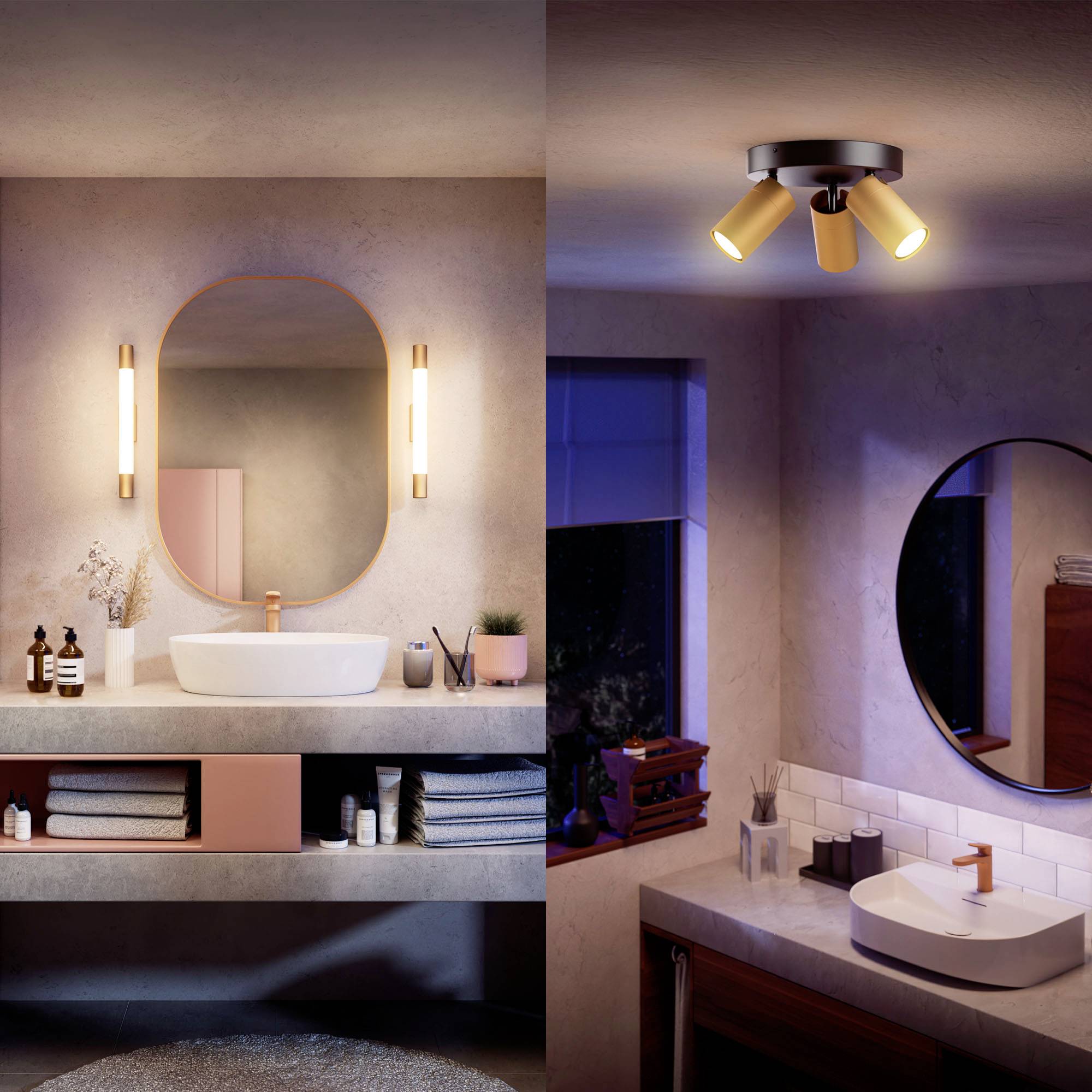 Ein modernes Badezimmer mit beleuchtetem Spiegel, Waschbecken und Regalen mit Handtüchern; rechts oben eine Deckenleuchte.