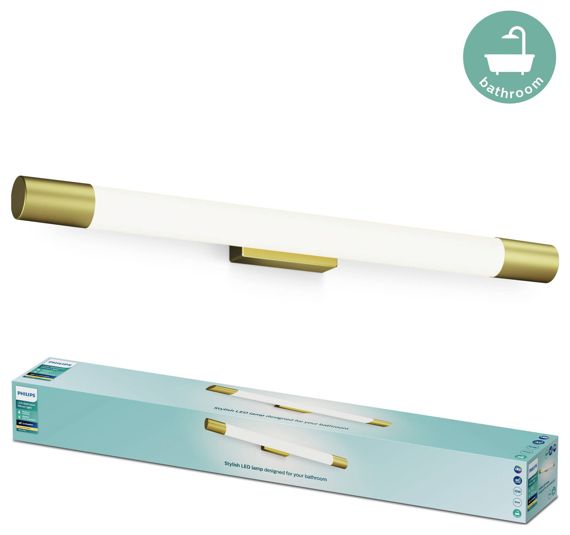 Stylische LED-Wandleuchte mit goldfarbenen Akzenten, geeignet für das Badezimmer. Verpackung zeigt Produktabbildung und 'bathroom'-Symbol.