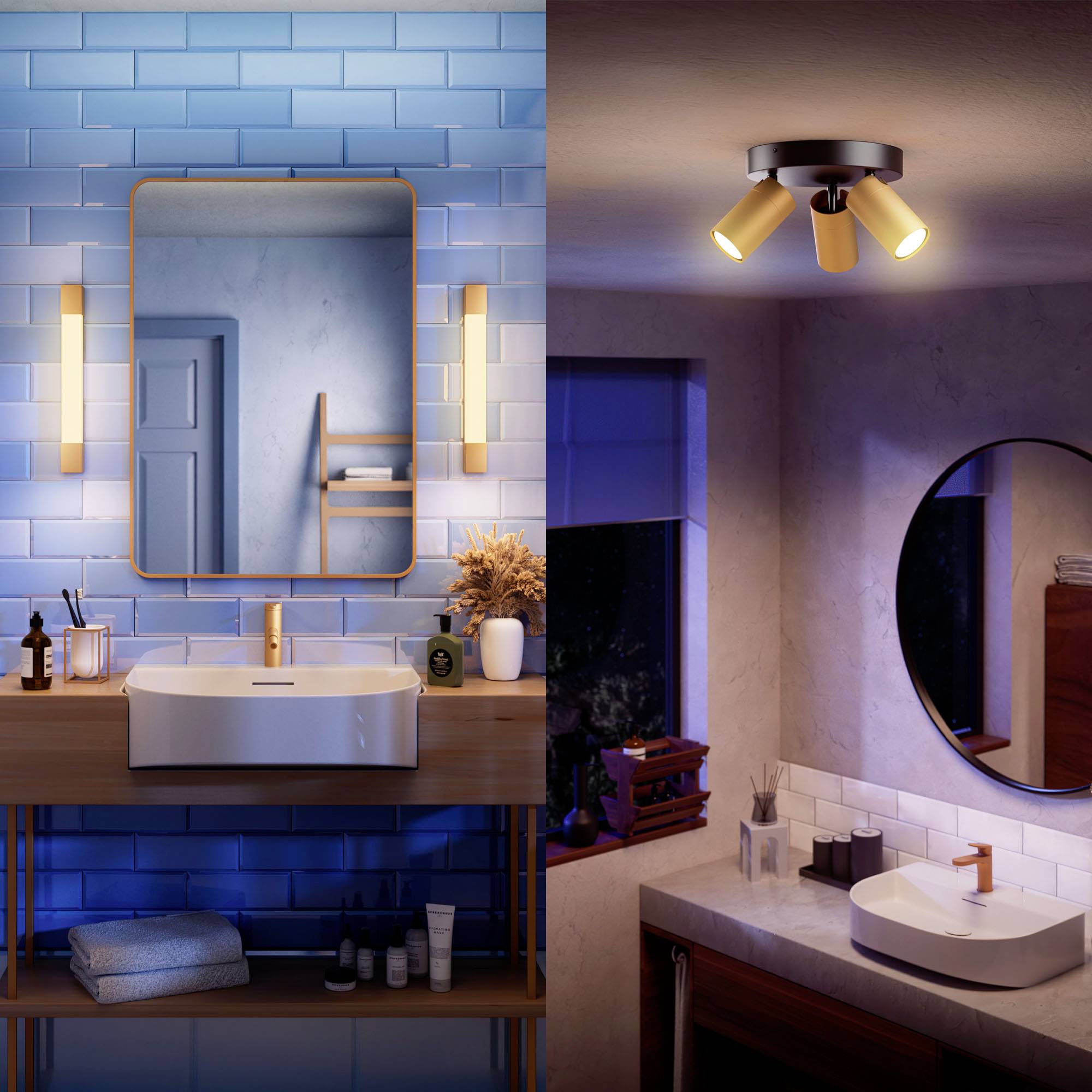 Ein Badezimmer, geteilt in zwei Hälften: links ein beleuchteter Spiegel über einem Waschbecken, rechts ein runder Spiegel mit Deckenbeleuchtung.