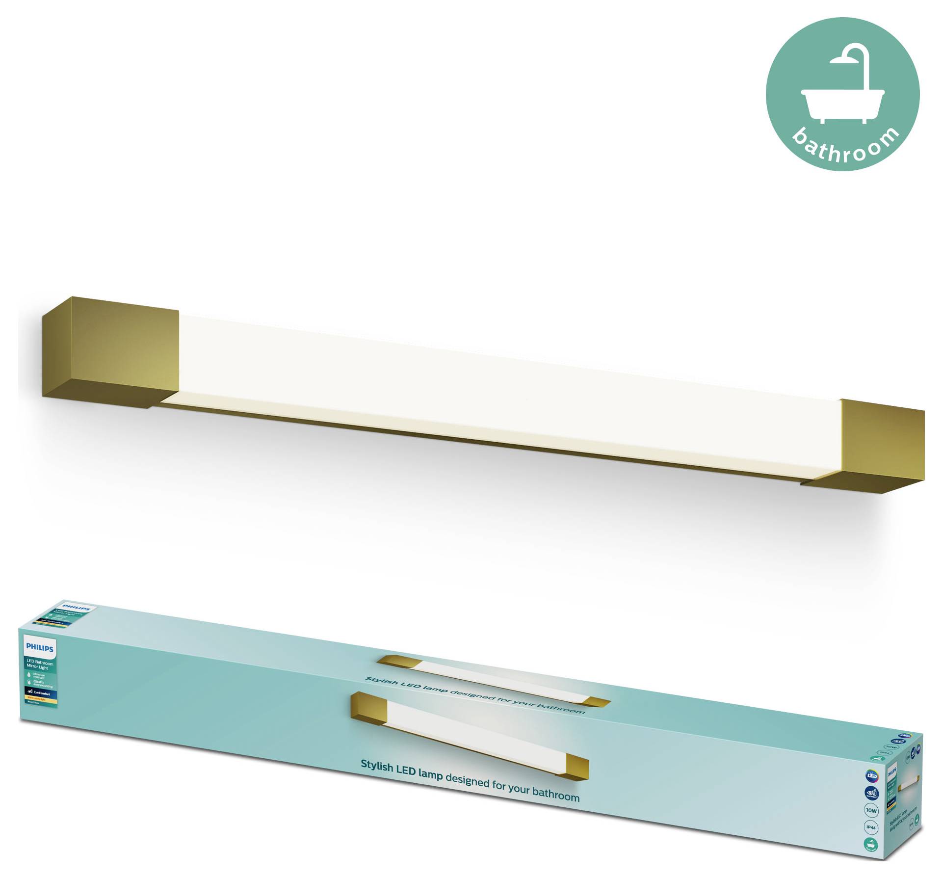 Eine stilvolle LED-Badlampe mit goldenen Enden, verpackt in einer blauen Schachtel. Geeignet für Badezimmerbeleuchtung.