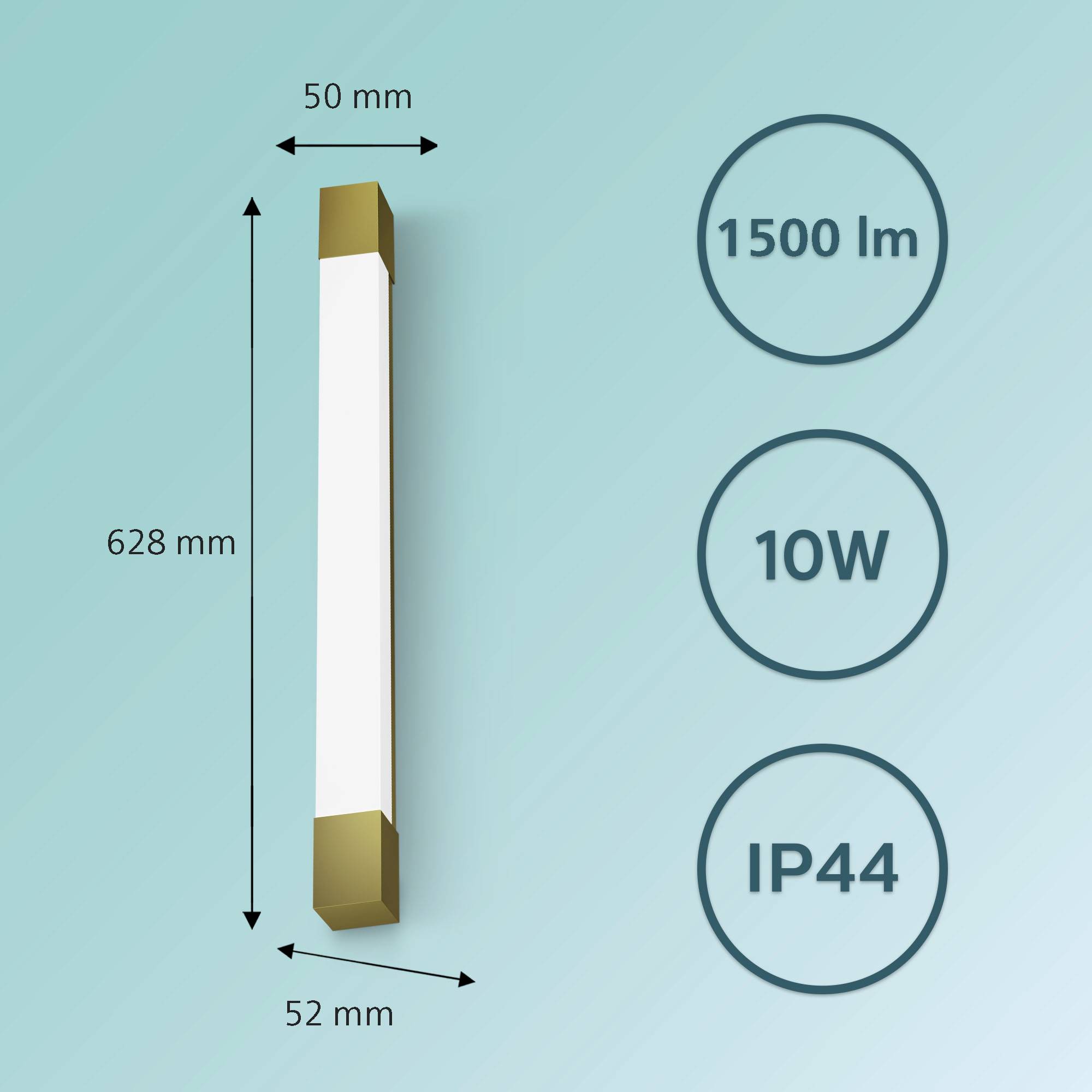 'LED Wandleuchte' mit den Maßen 628 mm x 50 mm x 52 mm. Leistung: 10W, Lichtstrom: 1500 lm, Schutzart: IP44. Ideal für Badezimmer.