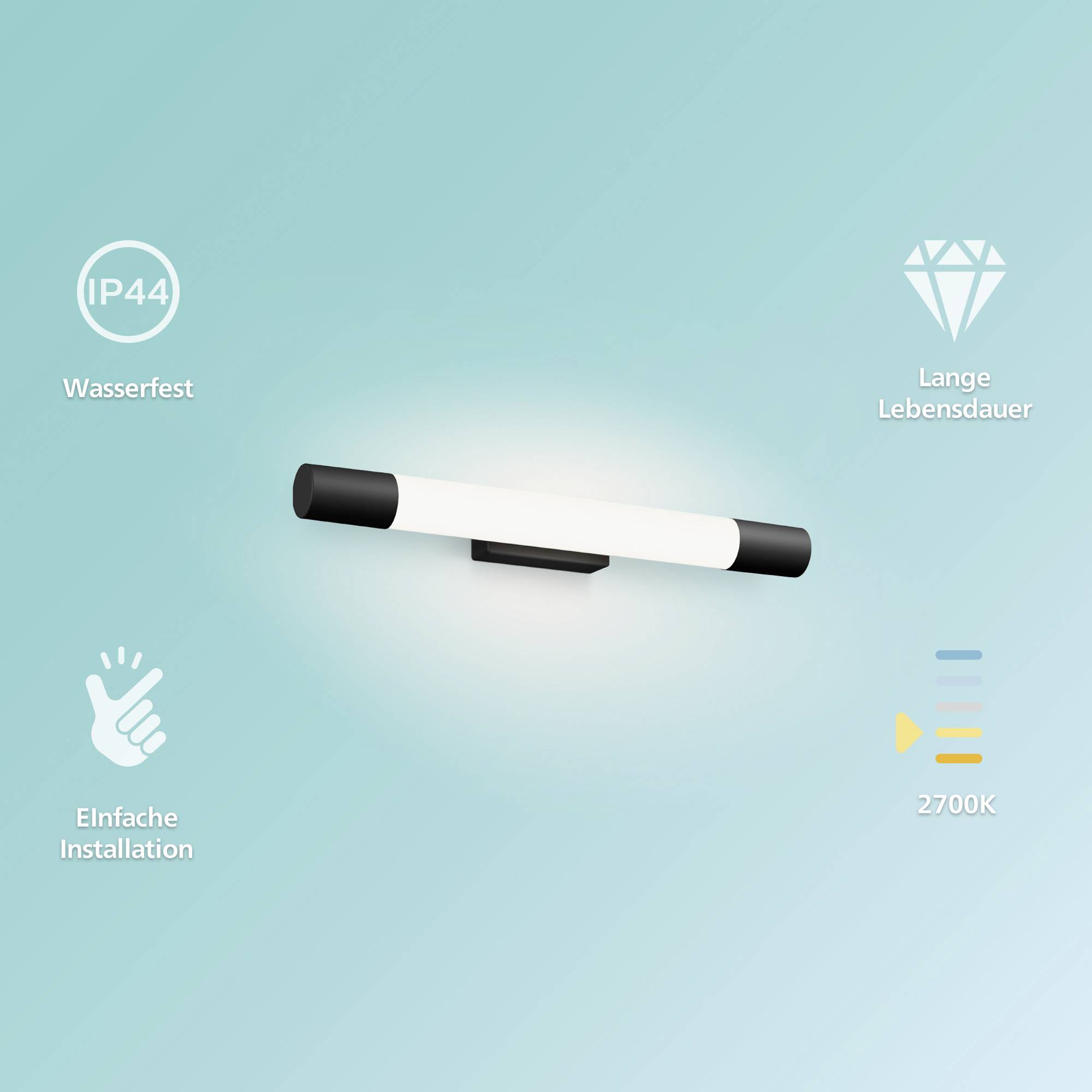 Weiße Wandlampe mit schwarz abgesetzten Enden auf blauem Hintergrund, begleitet von Symbolen: IP44 wasserfest, einfache Installation, lange Lebensdauer, Warmweiß 2700K.