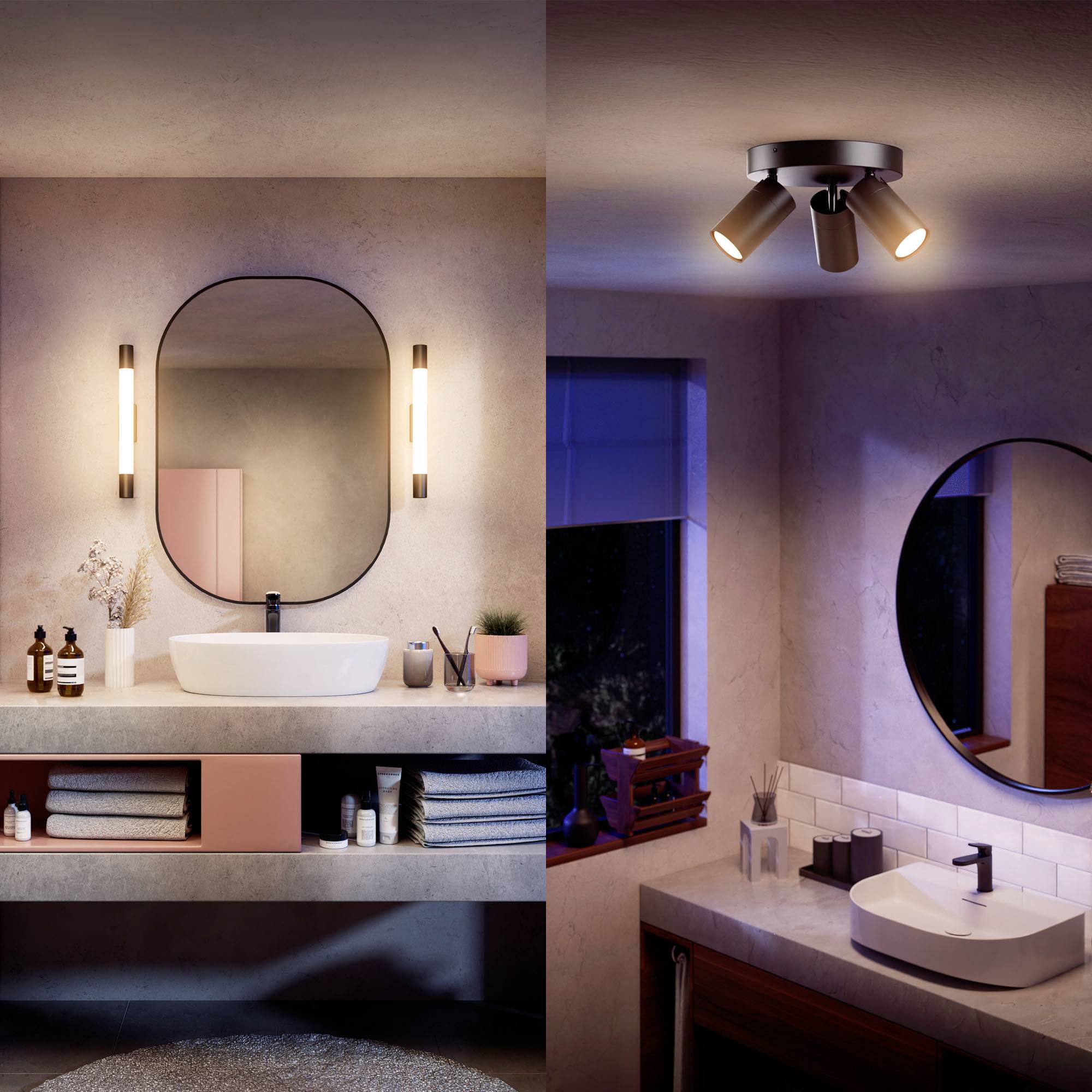 Zwei moderne Badezimmer mit stilvoller Beleuchtung. Links ein Waschbecken mit ovalem Spiegel, rechts ein quadratischer Spiegel auf Fliesenvordergrund.