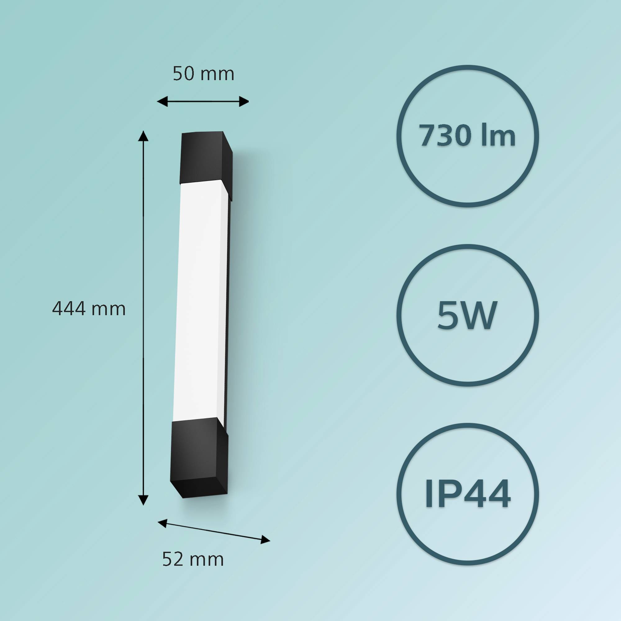 'Moderne Leuchte: Maße 444 x 50 x 52 mm, Lichtstrom 730 Lumen, Leistung 5 Watt, Schutzart IP44. Geeignet für feuchte Umgebungen.'