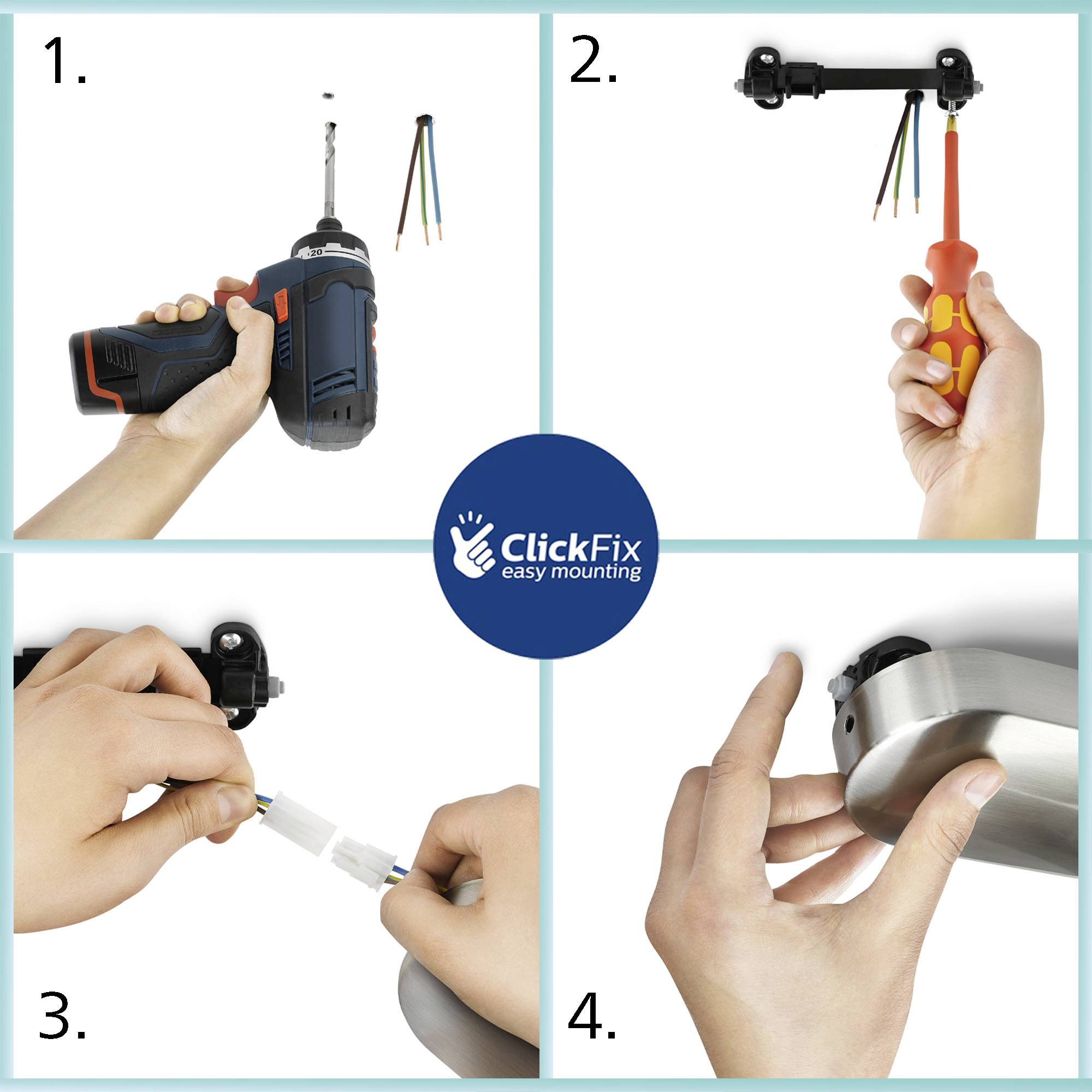 Vier Schritte zur Lampenmontage: 1. Bohrer positionieren. 2. Kabel in Halterung einsetzen. 3. Kabel verbinden. 4. Lampe befestigen.