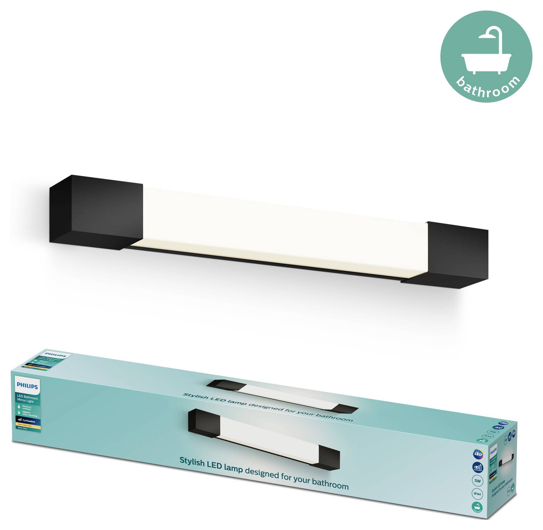 'Stylische LED-Lampe für das Badezimmer, rechteckige Form, schwarz-weiß, geeignet für Badbeleuchtung, Verpackung mit Produktabbildung und Infos.'