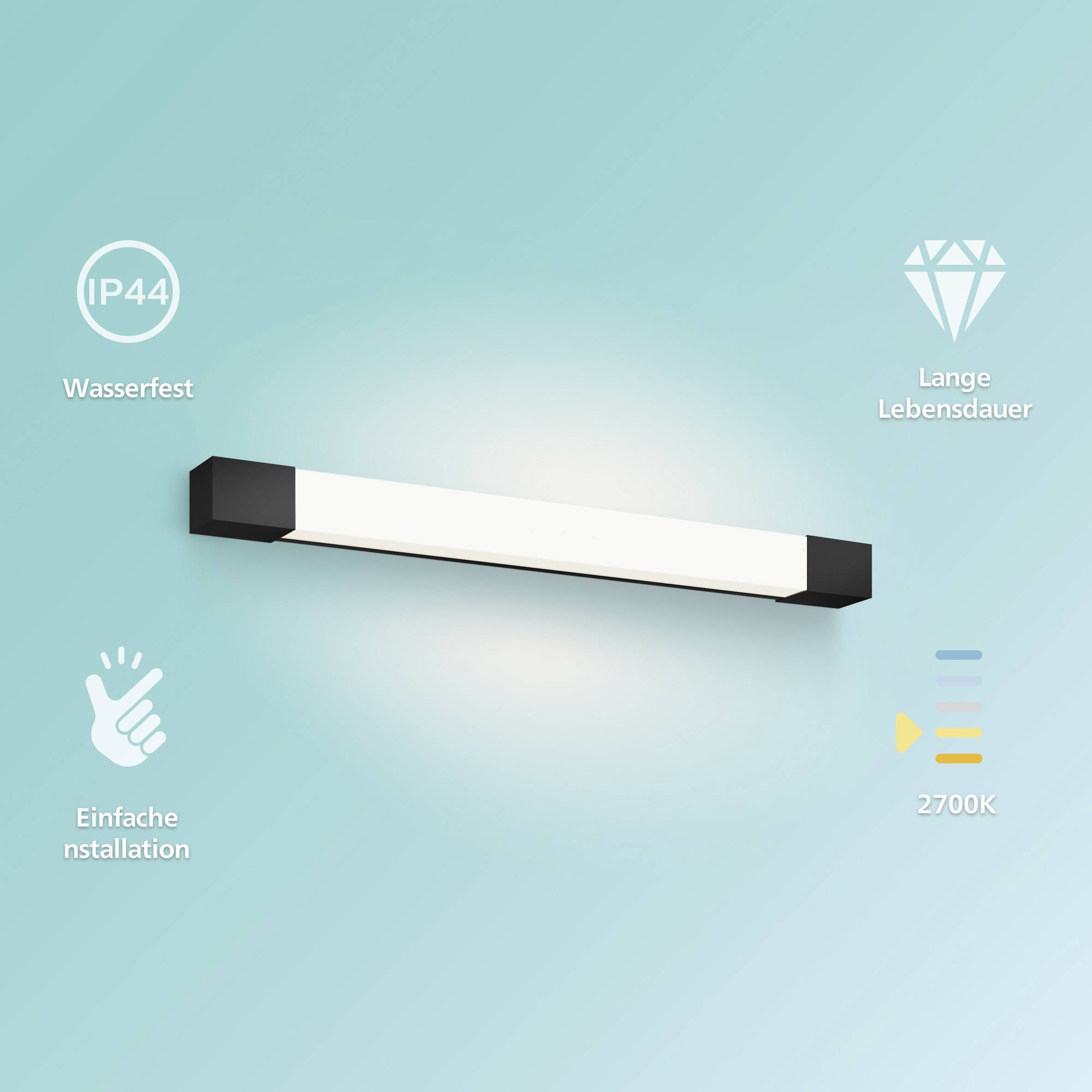Eine LED-Leuchte auf blauem Hintergrund, betont durch Symbole: 'IP44' für Wasserfestigkeit, 'Lange Lebensdauer', 'Einfache Installation', Farbtemperatur '2700K'.