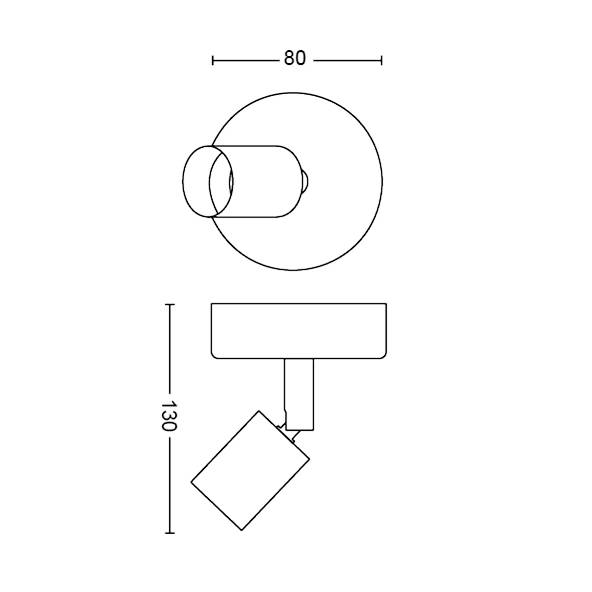 Zeichnung einer Lampe mit Maßen: 80 mm Durchmesser und 130 mm Höhe. Lampenschirm zylindrisch mit eckigem Sockel.