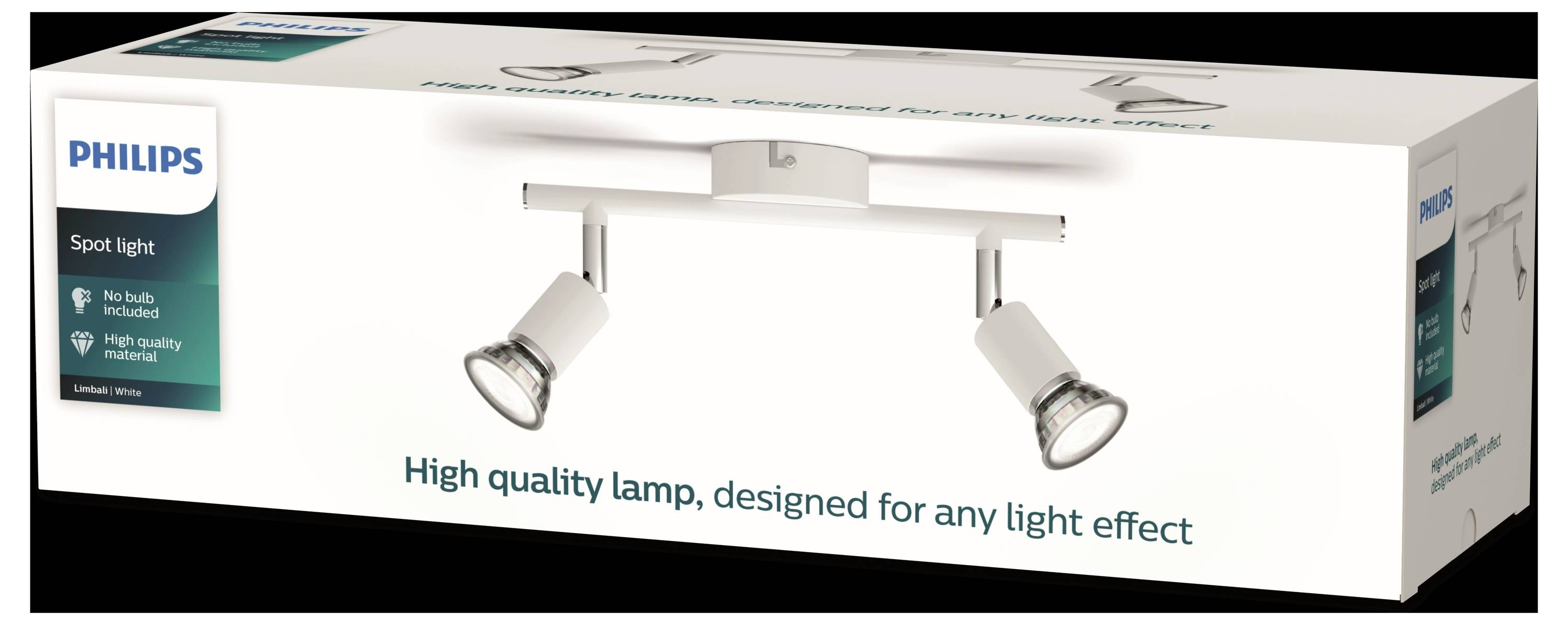 Verpackung einer Philips Spotlight-Lampe mit zwei verstellbaren Leuchten, geeignet für verschiedene Lichteffekte.