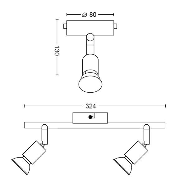 Schaltplan einer zweiflammigen Deckenlampe. Maße: Deckenbefestigung 80 mm, Lampenhöhe 130 mm, Gesamtlänge 324 mm.