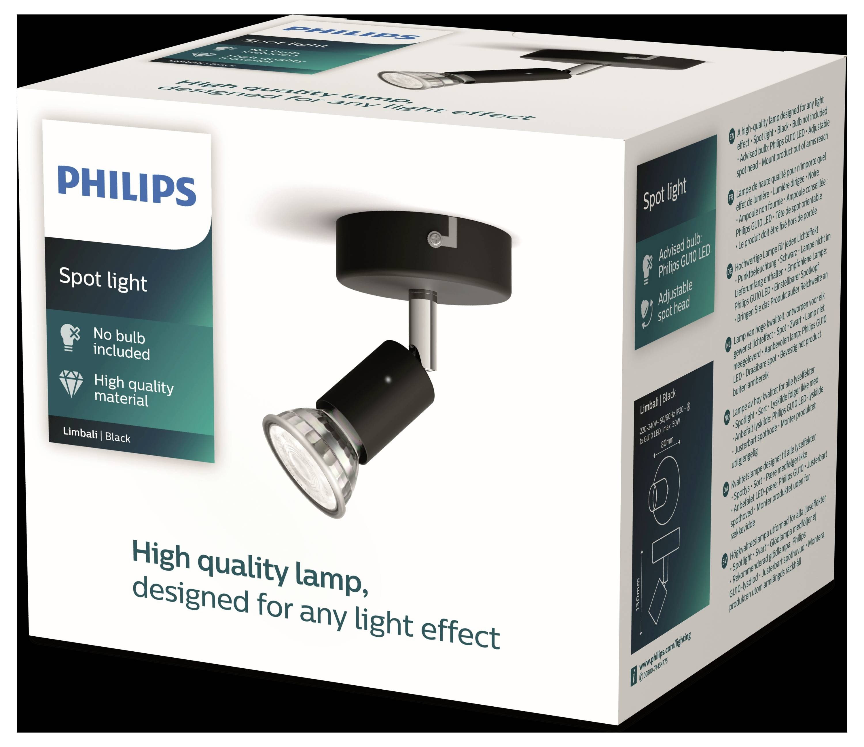 Schwarze Philips Spotleuchte in Verpackung, ohne enthaltene Glühbirne. Text auf der Box: 'High quality lamp, designed for any light effect'.