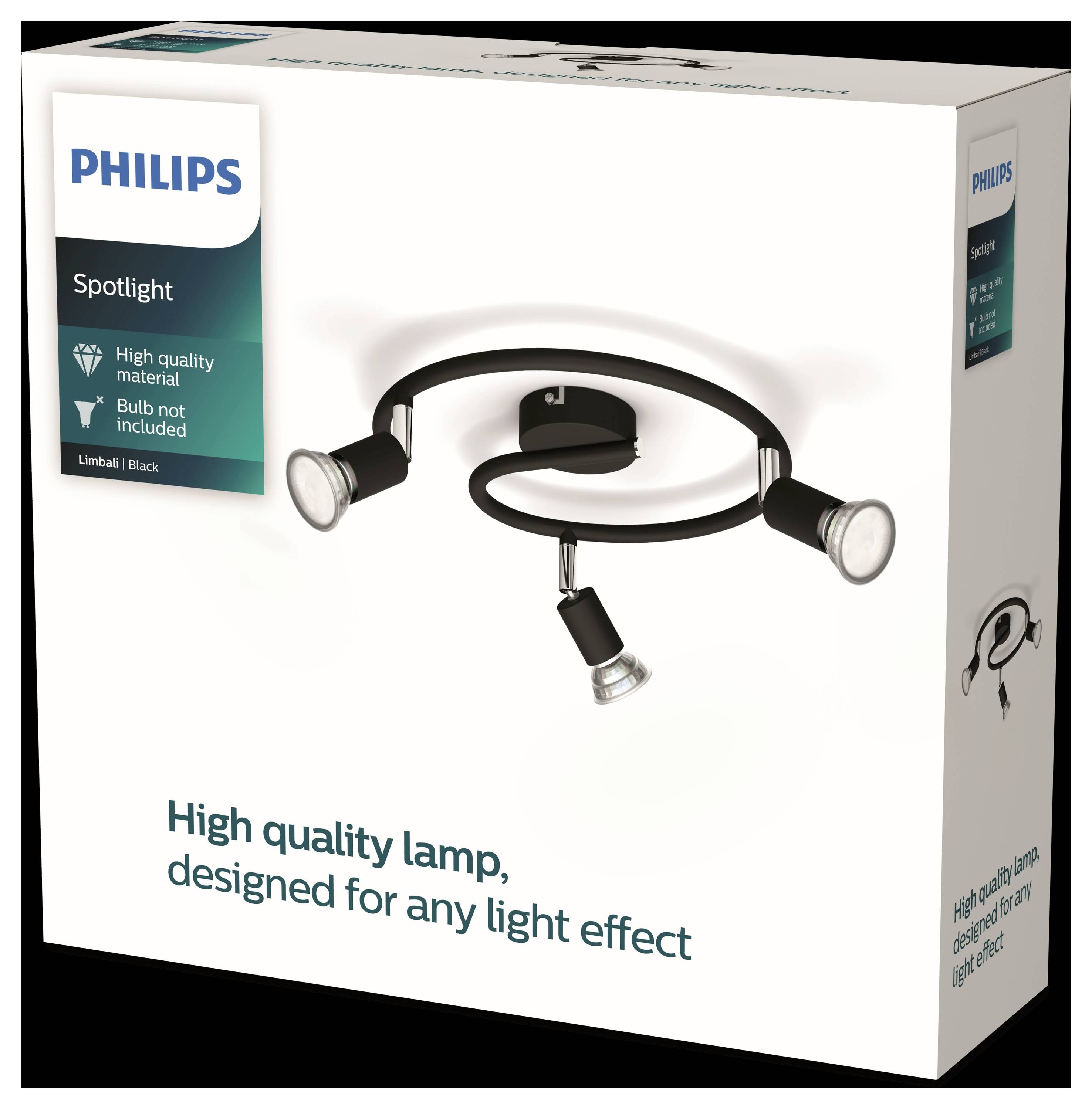 Die Verpackung zeigt eine Philips Spotlight Lampe mit drei verstellbaren Strahlern, geeignet für verschiedene Lichteffekte. Glühbirnen nicht enthalten.